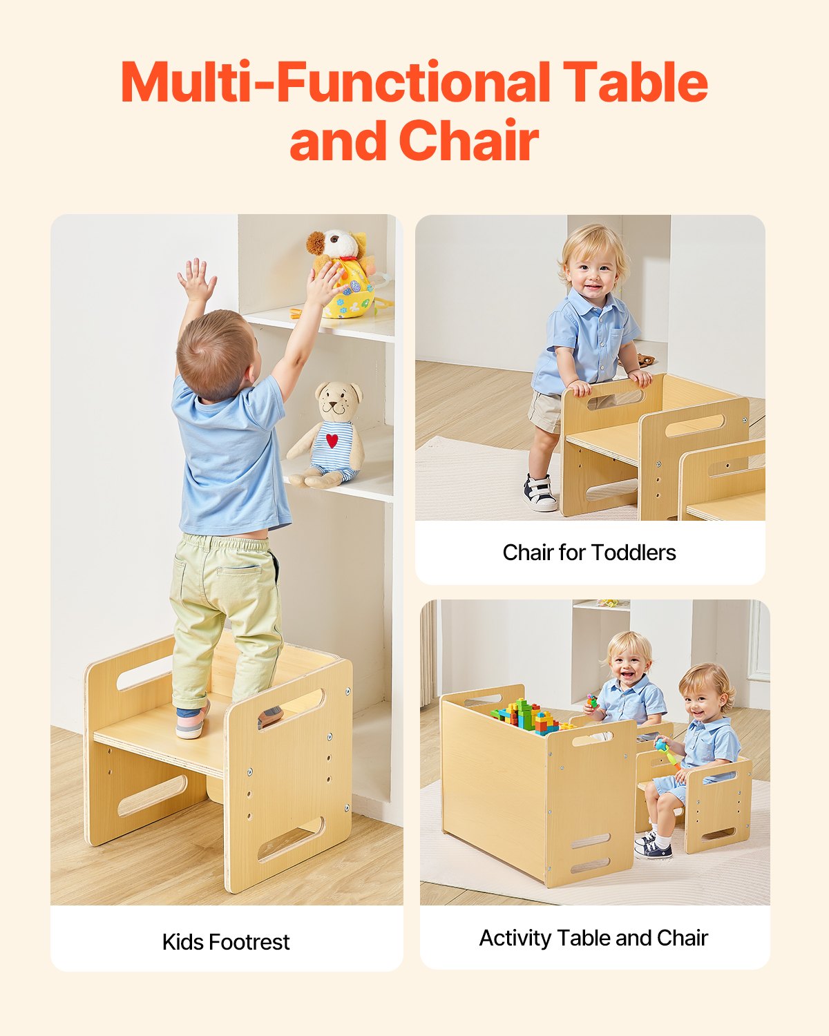 VEVOR Montessori Table and Chair Set for Toddlers (1 Table + 2 Chairs) Made of Wood for 1-5 Year Olds, Height-Adjustable Children's Chair, Activity Table/Play Table Ideal for Reading, Eating, and Playing – Natural