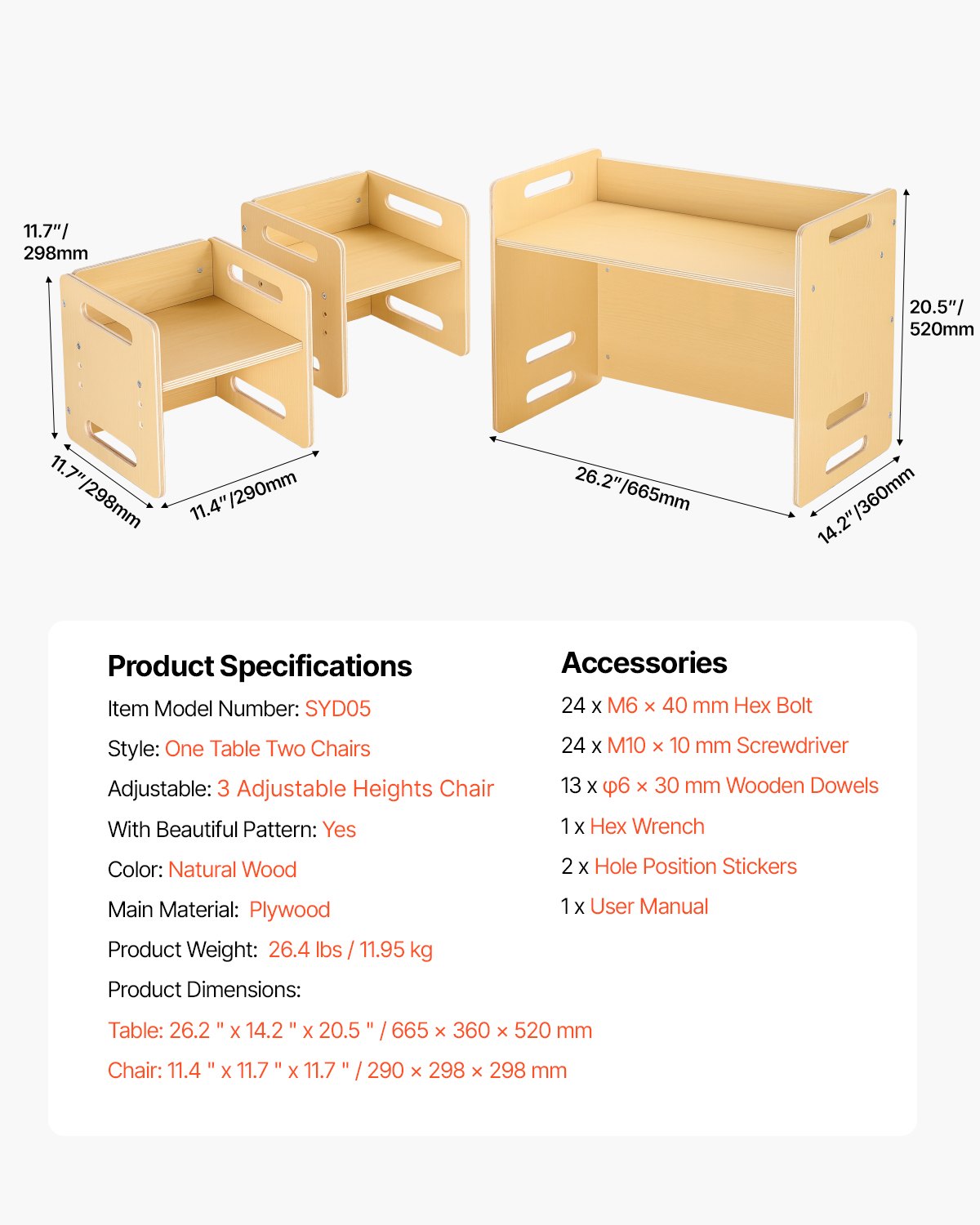 VEVOR Montessori Table and Chair Set for Toddlers (1 Table + 2 Chairs) Made of Wood for 1-5 Year Olds, Height-Adjustable Children's Chair, Activity Table/Play Table Ideal for Reading, Eating, and Playing – Natural