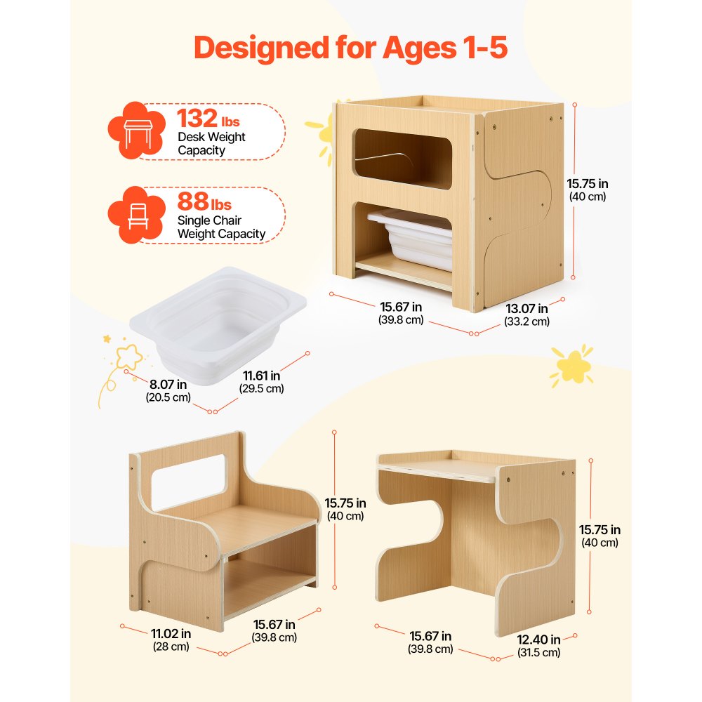 VEVOR Juego de Mesa y Silla Montessori para Niños de 1-5 Años de Madera, Mesa de Aprendizaje Multifuncional, Taburete Infantil, con Espacio de Almacenamiento Pizarra, para Jugar Comer Dibujar Leer