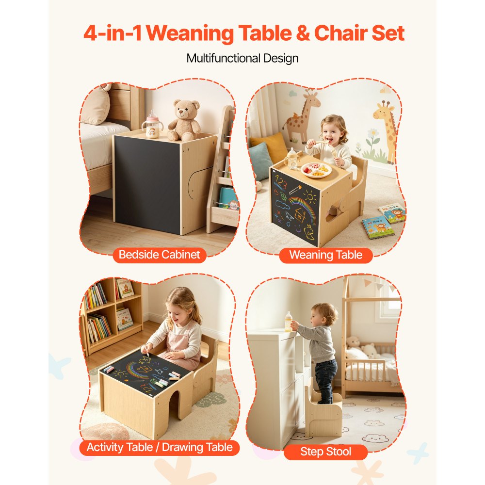VEVOR Juego de Mesa y Silla Montessori para Niños de 1-5 Años de Madera, Mesa de Aprendizaje Multifuncional, Taburete Infantil, con Espacio de Almacenamiento Pizarra, para Jugar Comer Dibujar Leer