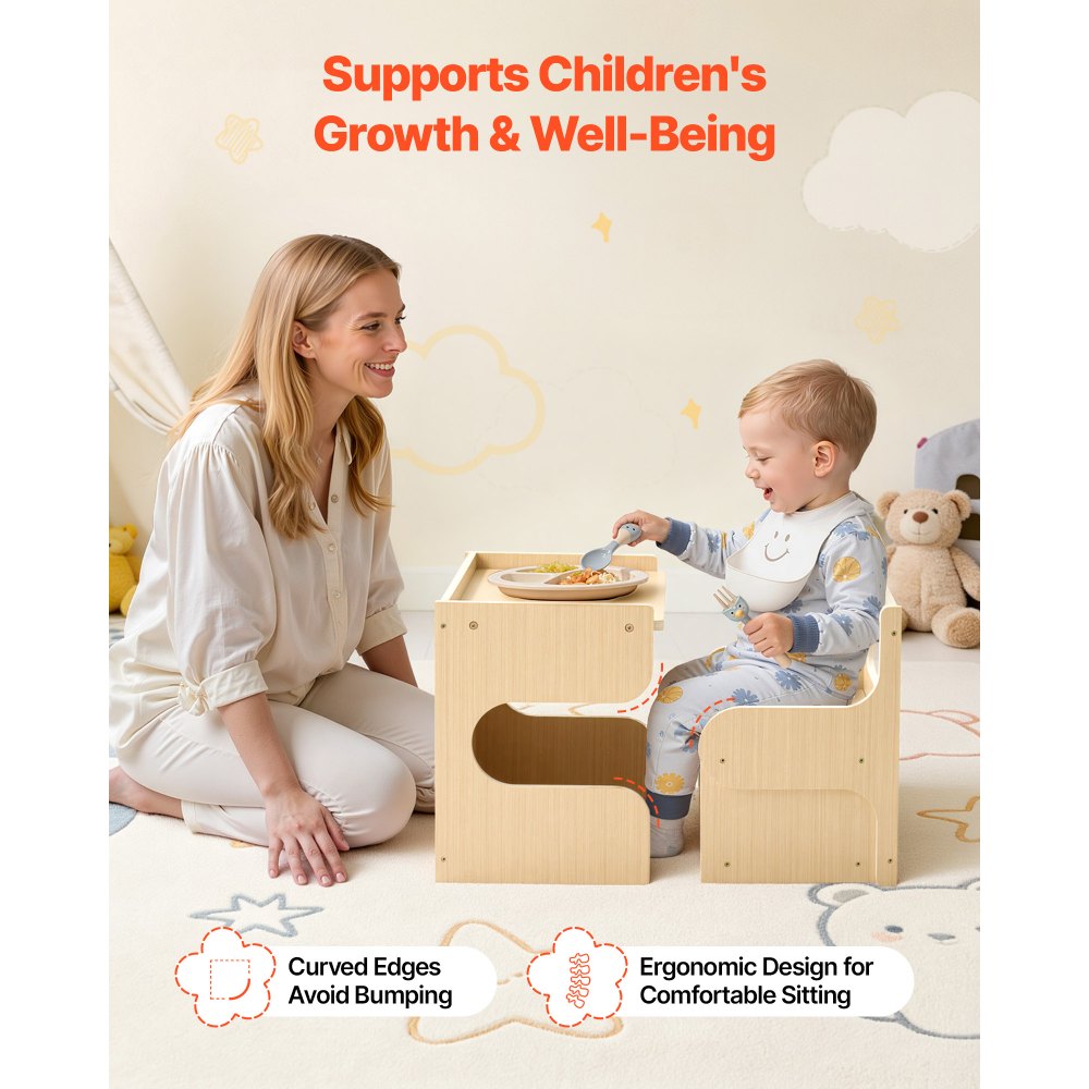 VEVOR Juego de Mesa y Silla Montessori para Niños de 1-5 Años de Madera, Mesa de Aprendizaje Multifuncional, Taburete Infantil, con Espacio de Almacenamiento Pizarra, para Jugar Comer Dibujar Leer