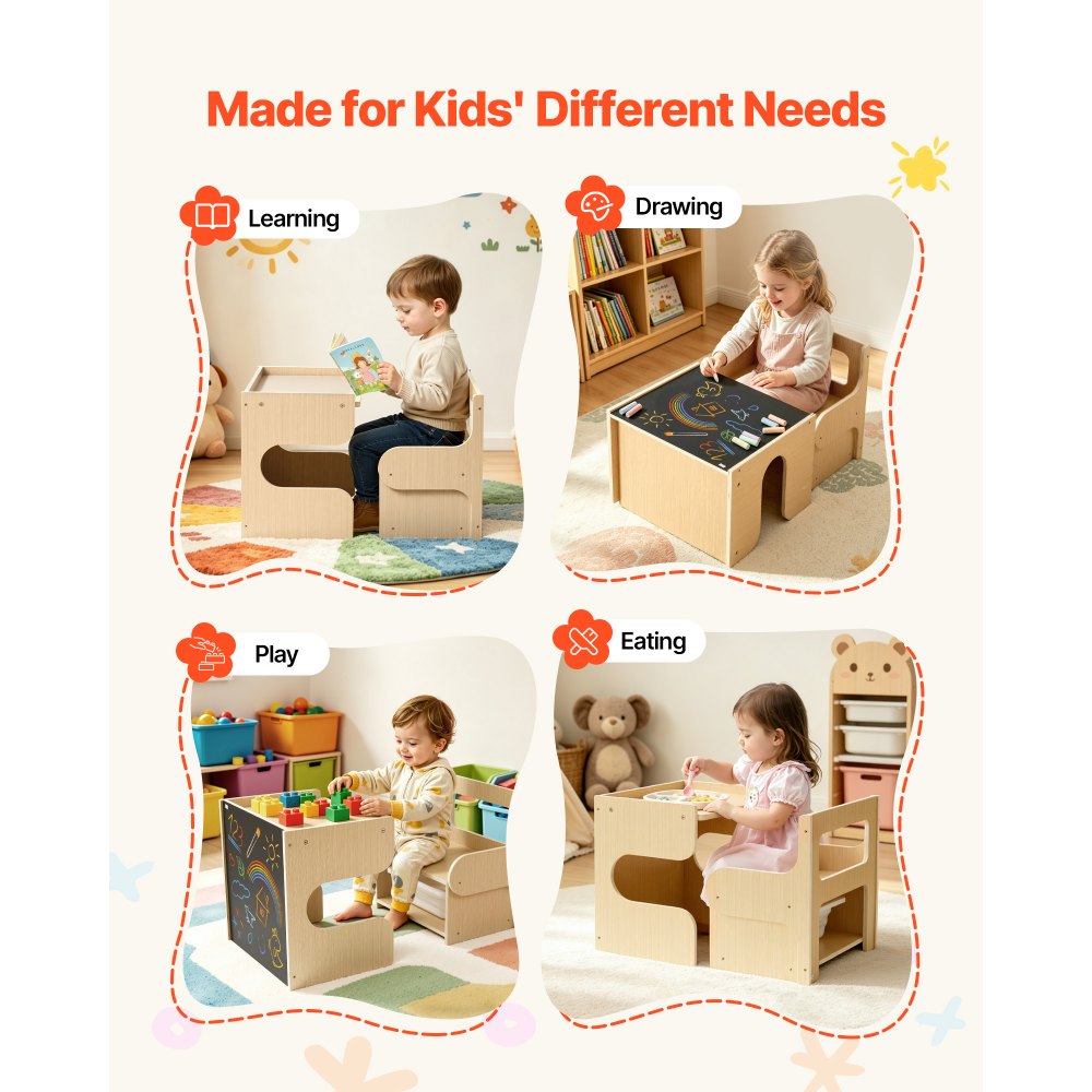 VEVOR Juego de Mesa y Silla Montessori para Niños de 1-5 Años de Madera, Mesa de Aprendizaje Multifuncional, Taburete Infantil, con Espacio de Almacenamiento Pizarra, para Jugar Comer Dibujar Leer