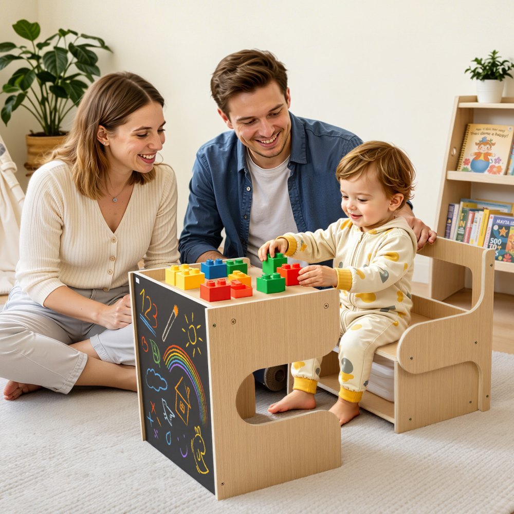 VEVOR Juego de Mesa y Silla Montessori para Niños de 1-5 Años de Madera, Mesa de Aprendizaje Multifuncional, Taburete Infantil, con Espacio de Almacenamiento Pizarra, para Jugar Comer Dibujar Leer