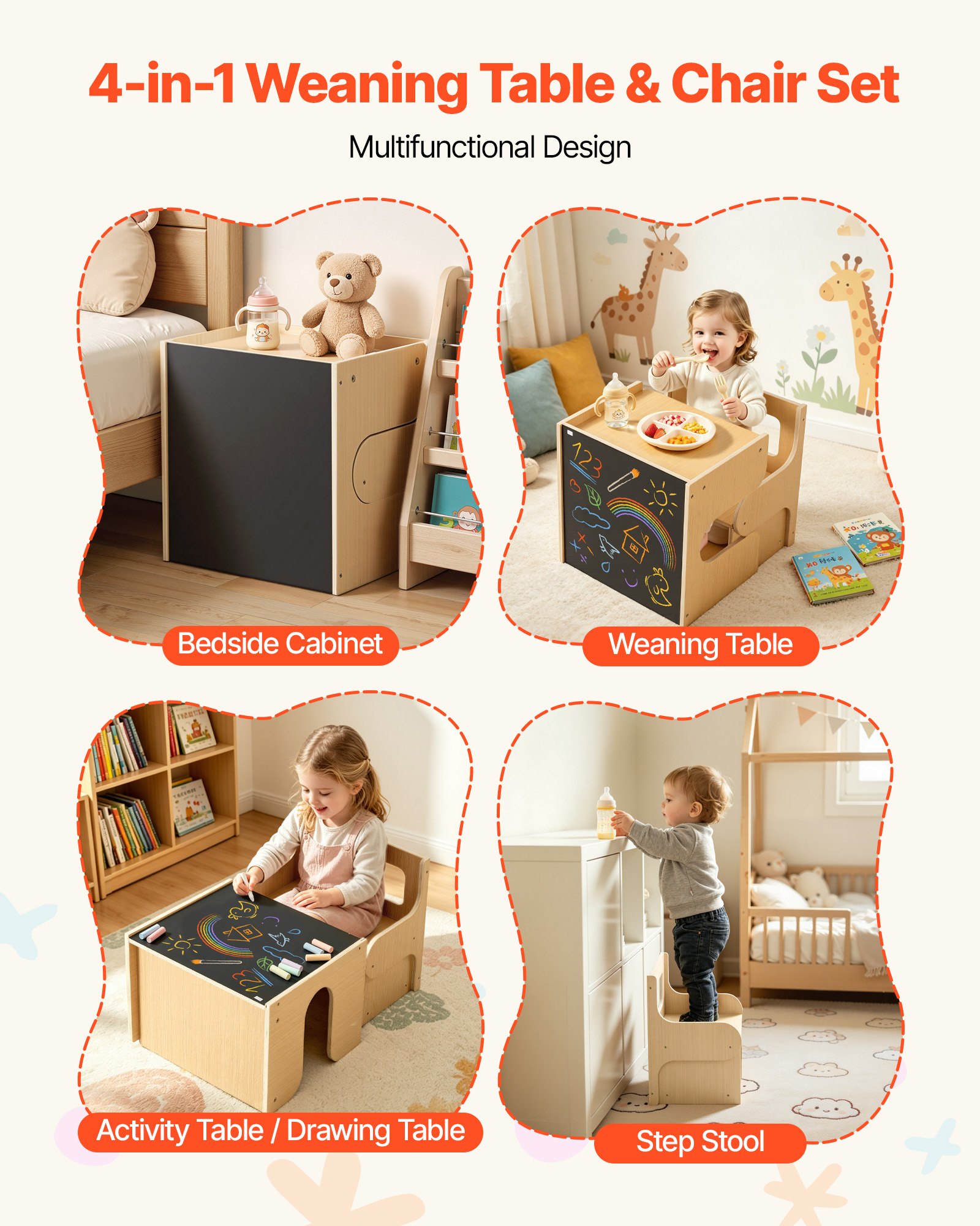 VEVOR Juego de Mesa y Silla Montessori para Niños de 1-5 Años de Madera, Mesa de Aprendizaje Multifuncional, Taburete Infantil, con Espacio de Almacenamiento Pizarra, para Jugar Comer Dibujar Leer