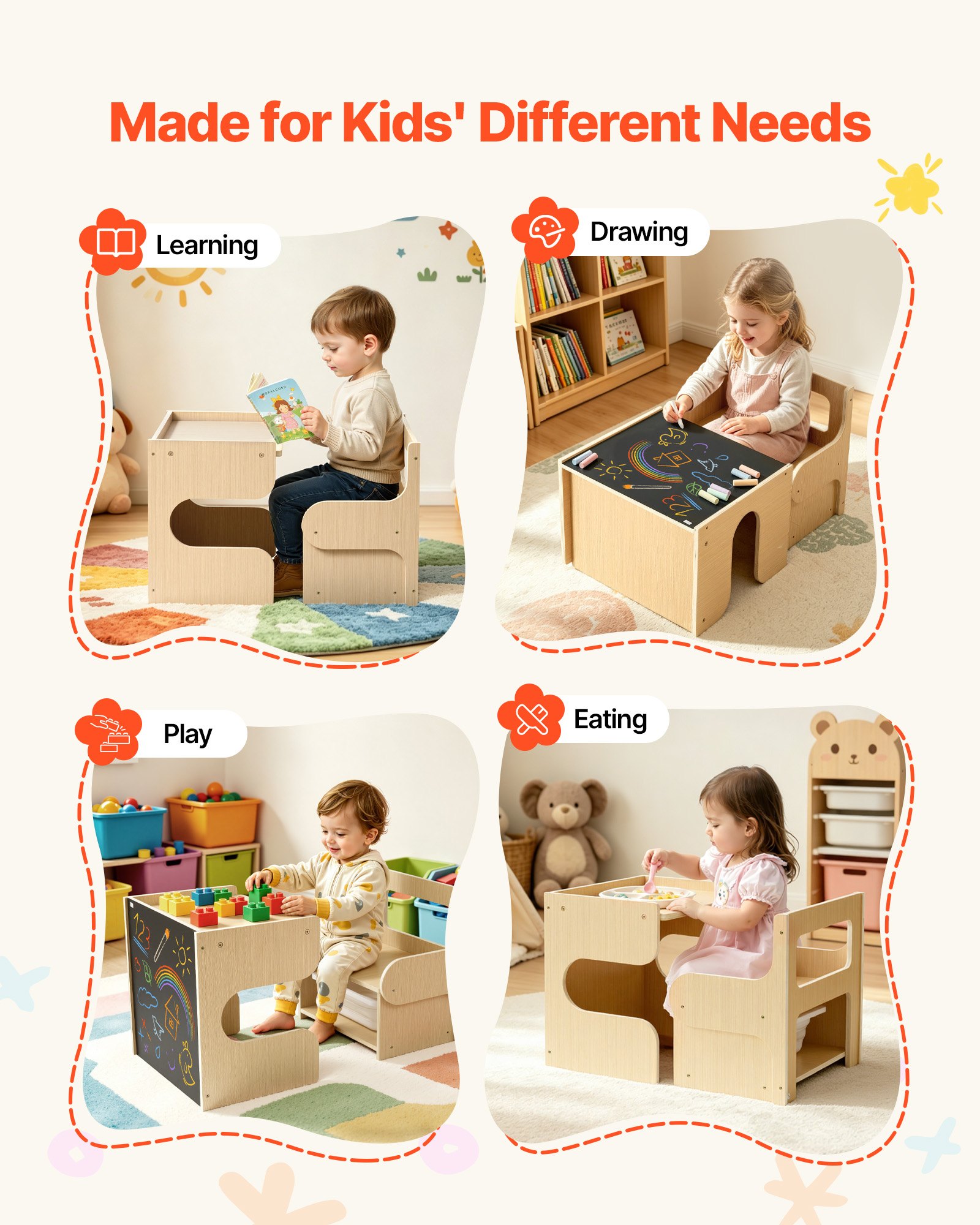 VEVOR Juego de Mesa y Silla Montessori para Niños de 1-5 Años de Madera, Mesa de Aprendizaje Multifuncional, Taburete Infantil, con Espacio de Almacenamiento Pizarra, para Jugar Comer Dibujar Leer
