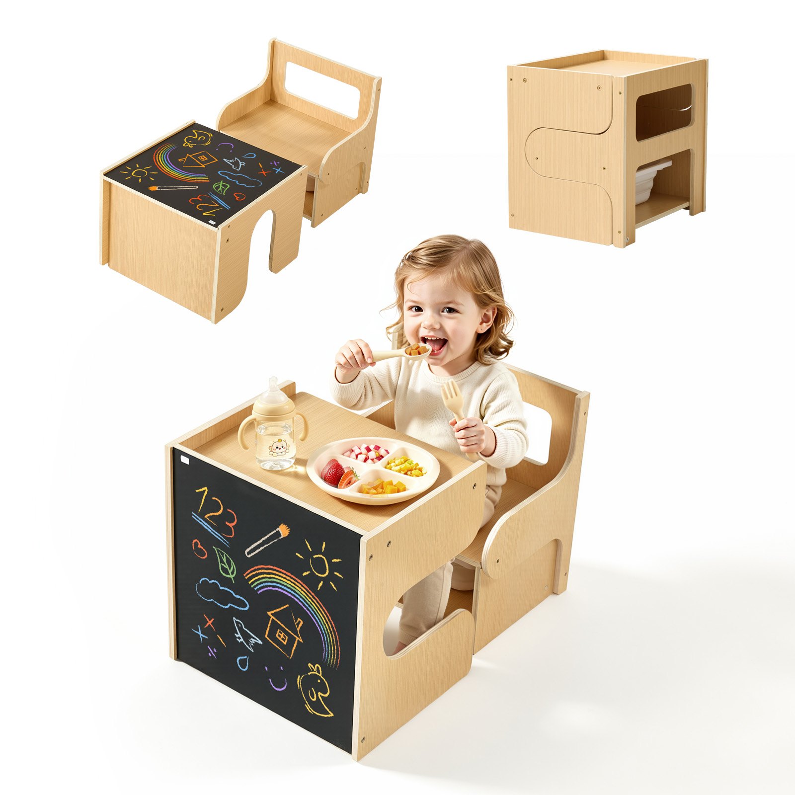 VEVOR Juego de Mesa y Silla Montessori para Niños de 1-5 Años de Madera, Mesa de Aprendizaje Multifuncional, Taburete Infantil, con Espacio de Almacenamiento Pizarra, para Jugar Comer Dibujar Leer