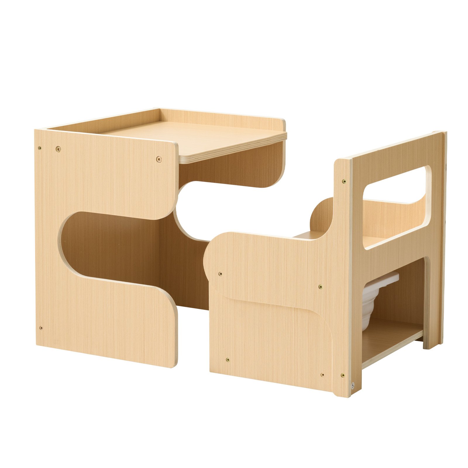 VEVOR Juego de Mesa y Silla Montessori para Niños de 1-5 Años de Madera, Mesa de Aprendizaje Multifuncional, Taburete Infantil, con Espacio de Almacenamiento Pizarra, para Jugar Comer Dibujar Leer