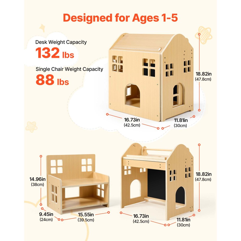 VEVOR Juego de Mesa y Silla Montessori para Bebés de 1-5 Años de Madera, Mesa de Aprendizaje Convertible en Casita, con Pizarra Desmontable Estante de Almacenamiento, para Comer Jugar Dibujar Leer