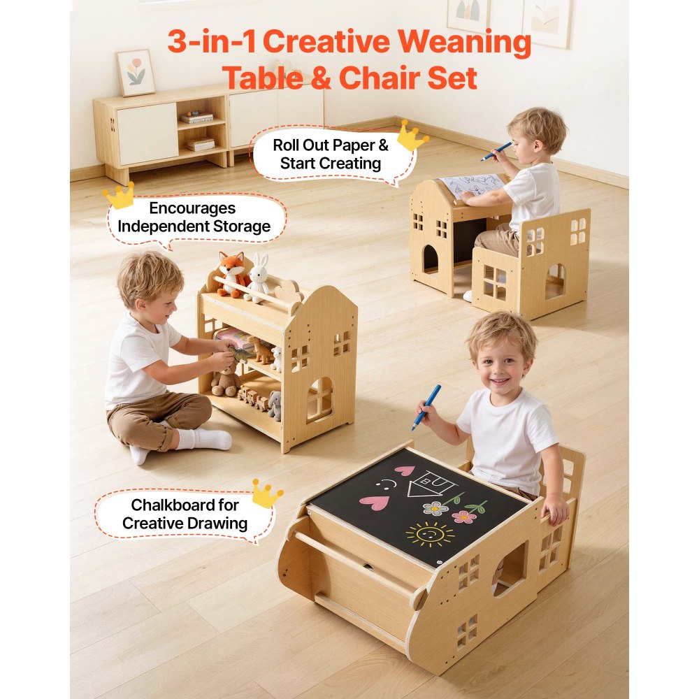 VEVOR Juego de Mesa y Silla Montessori para Bebés de 1-5 Años de Madera, Mesa de Aprendizaje Convertible en Casita, con Pizarra Desmontable Estante de Almacenamiento, para Comer Jugar Dibujar Leer
