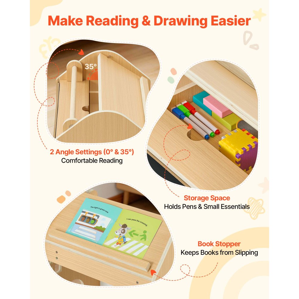 VEVOR Juego de Mesa y Silla Montessori para Bebés de 1-5 Años de Madera, Mesa de Aprendizaje Convertible en Casita, con Pizarra Desmontable Estante de Almacenamiento, para Comer Jugar Dibujar Leer