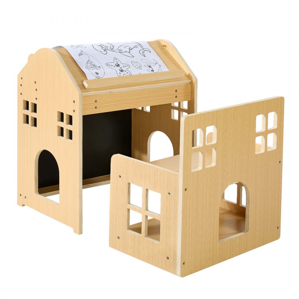 VEVOR Juego de Mesa y Silla Montessori para Bebés de 1-5 Años de Madera, Mesa de Aprendizaje Convertible en Casita, con Pizarra Desmontable Estante de Almacenamiento, para Comer Jugar Dibujar Leer