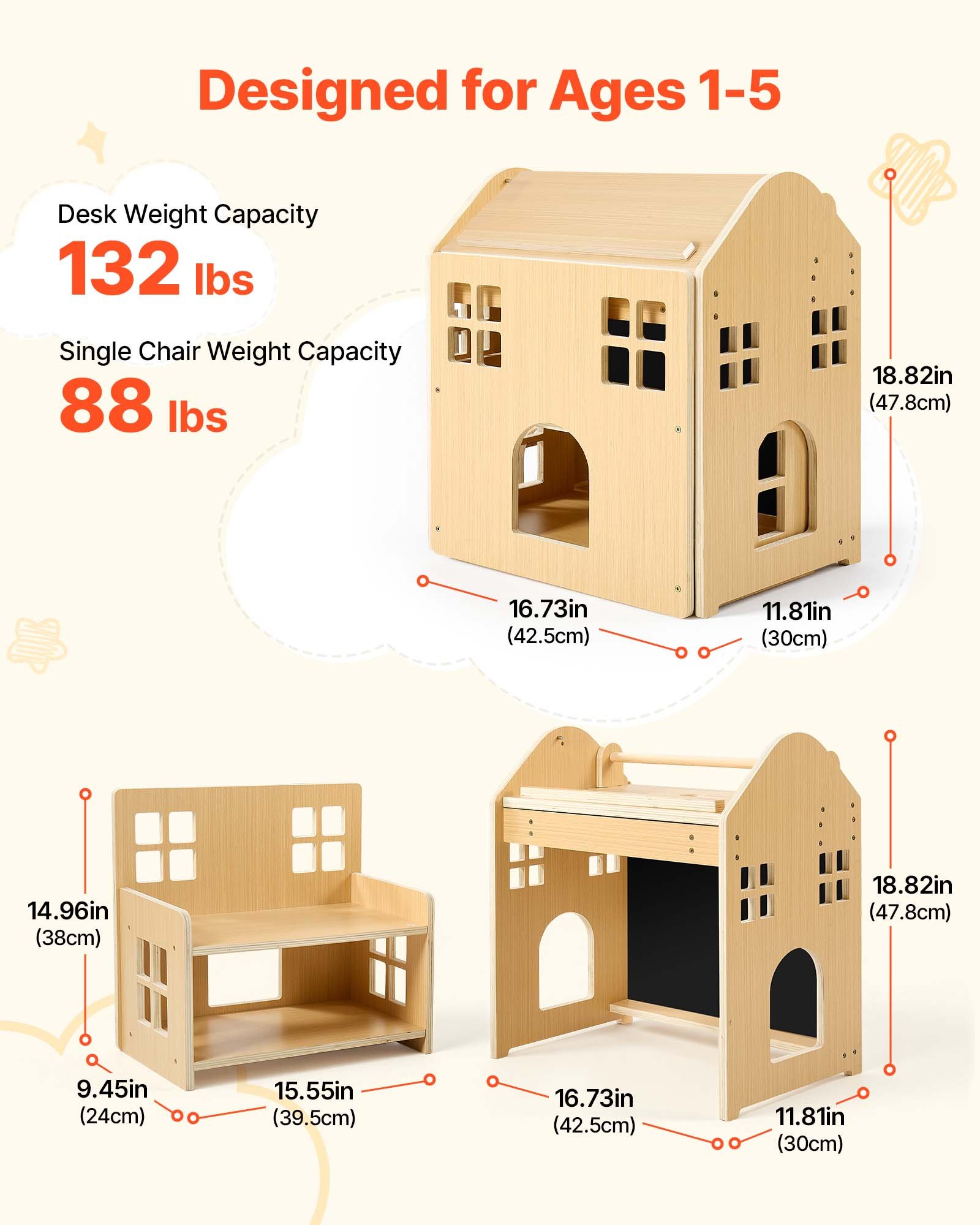 VEVOR Juego de Mesa y Silla Montessori para Bebés de 1-5 Años de Madera, Mesa de Aprendizaje Convertible en Casita, con Pizarra Desmontable Estante de Almacenamiento, para Comer Jugar Dibujar Leer