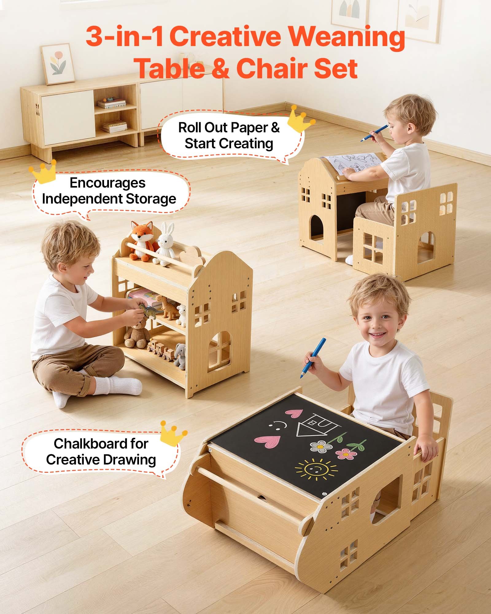 VEVOR Juego de Mesa y Silla Montessori para Bebés de 1-5 Años de Madera, Mesa de Aprendizaje Convertible en Casita, con Pizarra Desmontable Estante de Almacenamiento, para Comer Jugar Dibujar Leer