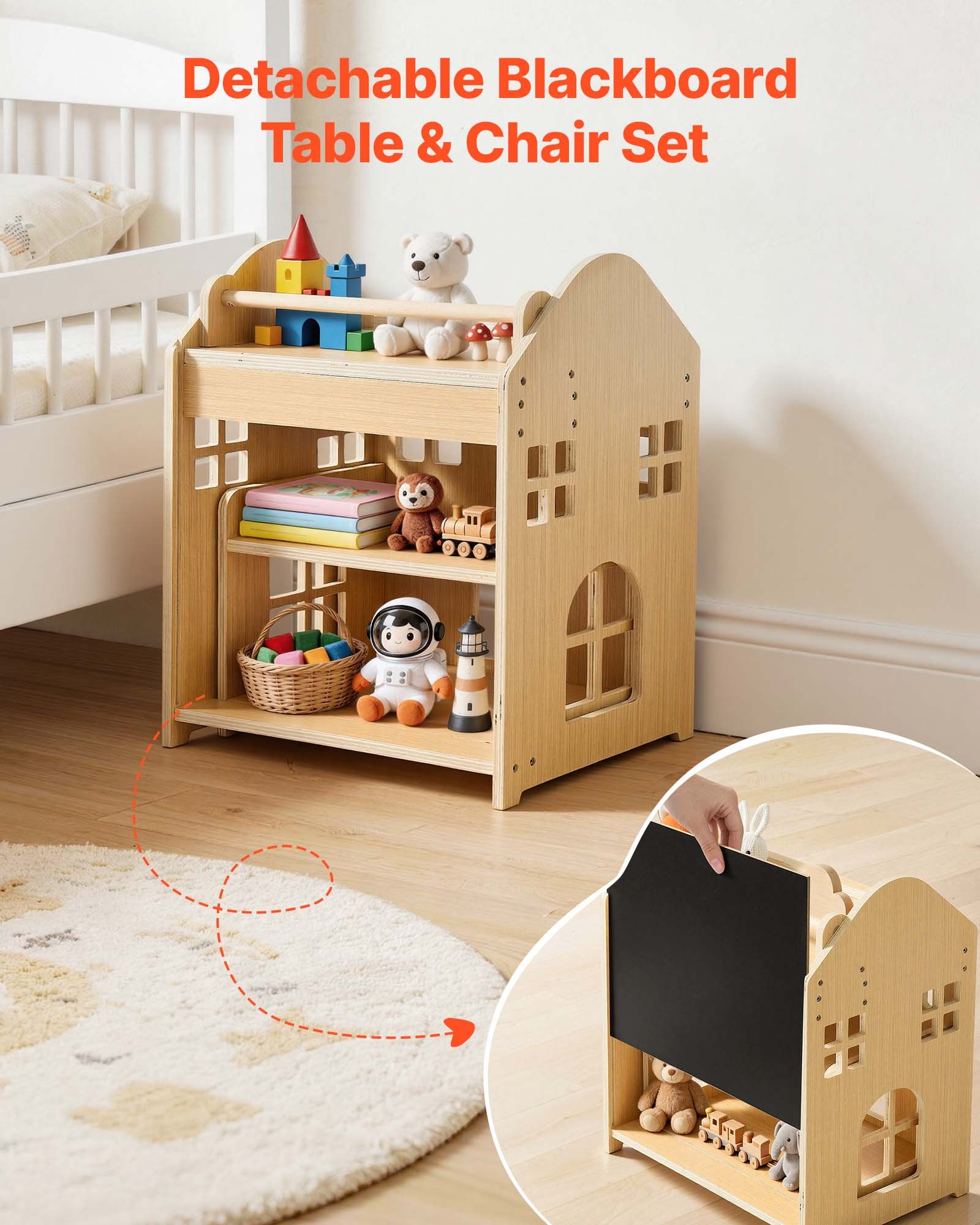 VEVOR Juego de Mesa y Silla Montessori para Bebés de 1-5 Años de Madera, Mesa de Aprendizaje Convertible en Casita, con Pizarra Desmontable Estante de Almacenamiento, para Comer Jugar Dibujar Leer