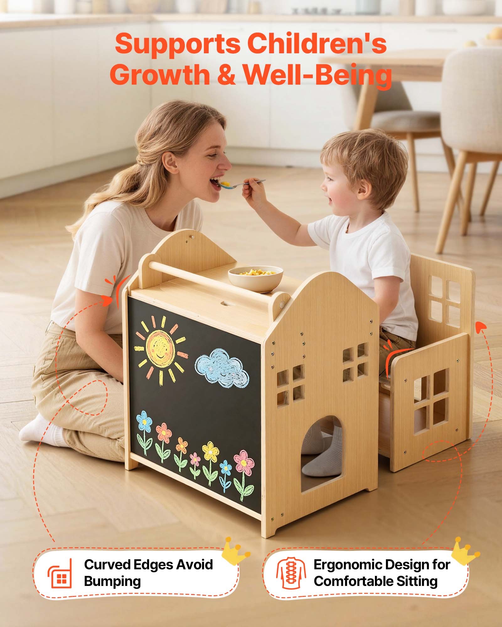 VEVOR Juego de Mesa y Silla Montessori para Bebés de 1-5 Años de Madera, Mesa de Aprendizaje Convertible en Casita, con Pizarra Desmontable Estante de Almacenamiento, para Comer Jugar Dibujar Leer