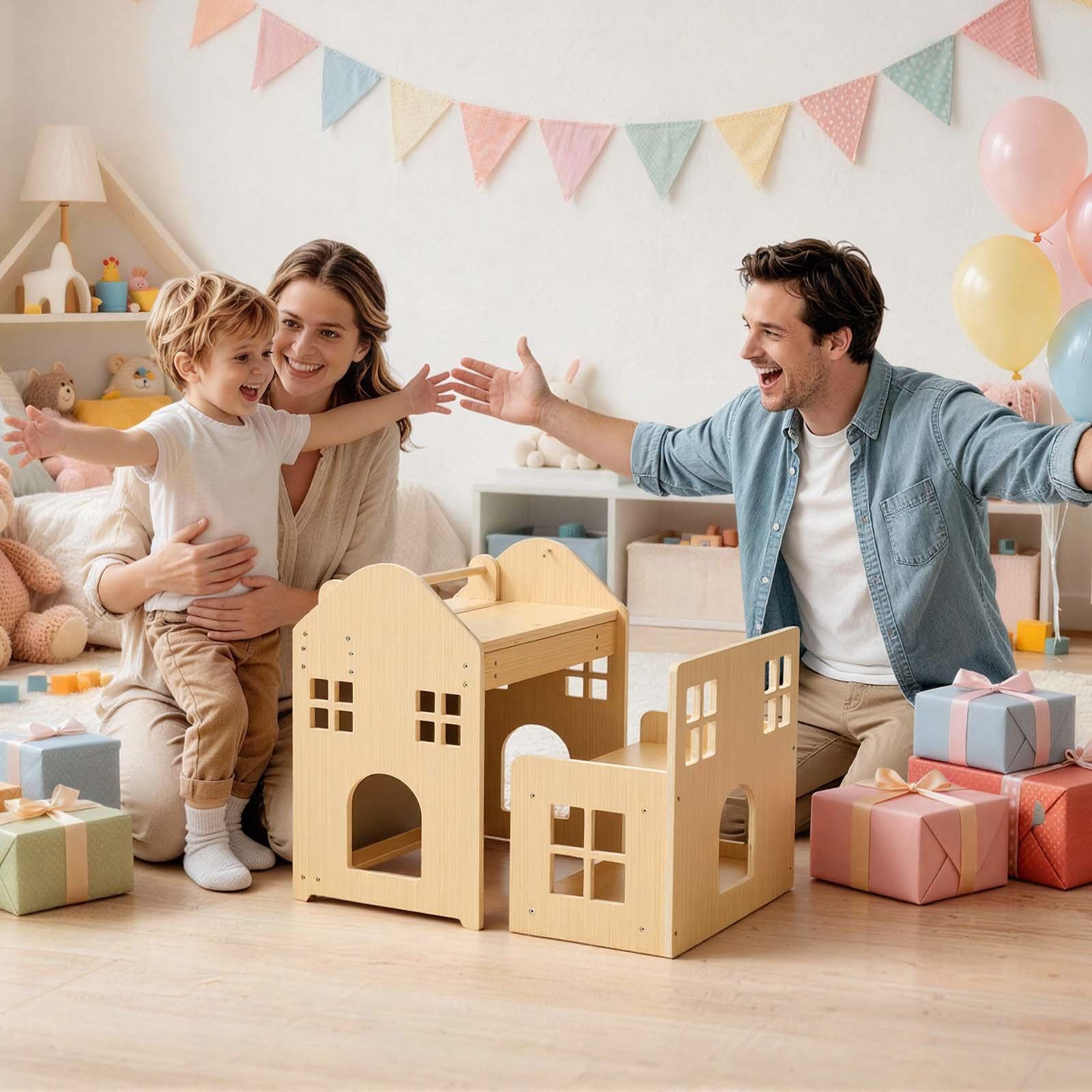 VEVOR Juego de Mesa y Silla Montessori para Bebés de 1-5 Años de Madera, Mesa de Aprendizaje Convertible en Casita, con Pizarra Desmontable Estante de Almacenamiento, para Comer Jugar Dibujar Leer