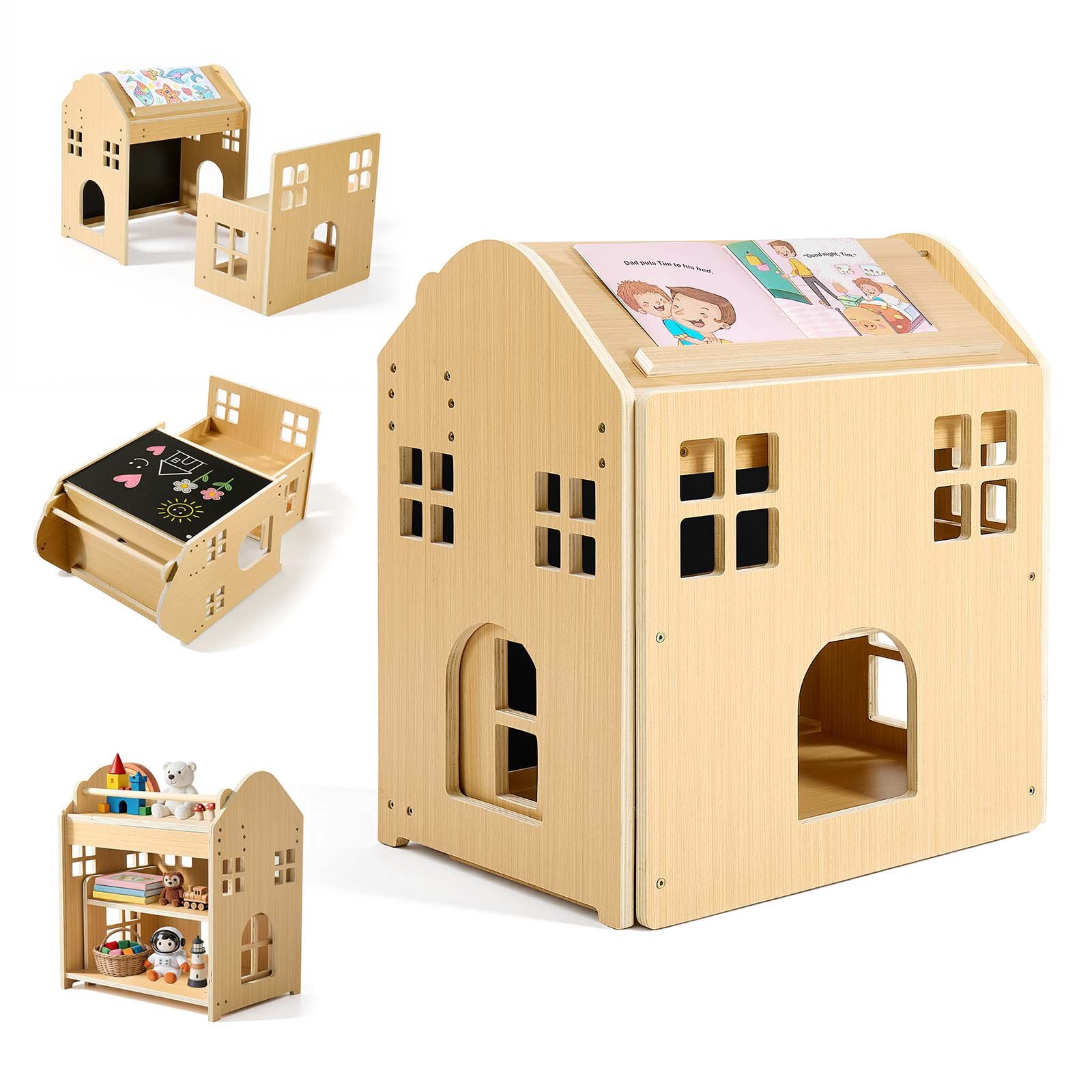 VEVOR Juego de Mesa y Silla Montessori para Bebés de 1-5 Años de Madera, Mesa de Aprendizaje Convertible en Casita, con Pizarra Desmontable Estante de Almacenamiento, para Comer Jugar Dibujar Leer