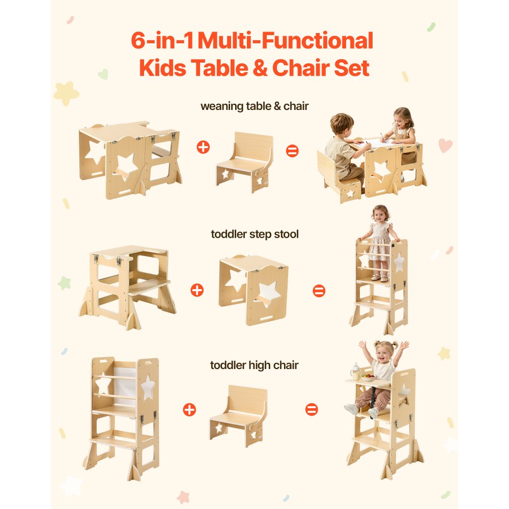 VEVOR Torre de Aprendizaje Montessori para Niños de Madera Convertible, Juego de Mesa y Sillas Infantiles 6 en 1, Taburete de Cocina Infantil, con Correa de Seguridad Pizarra, para Comer Jugar Dibujar