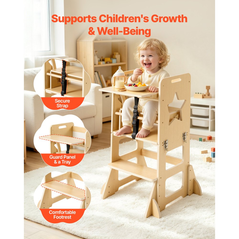 VEVOR Torre de Aprendizaje Montessori para Niños de Madera Convertible, Juego de Mesa y Sillas Infantiles 6 en 1, Taburete de Cocina Infantil, con Correa de Seguridad Pizarra, para Comer Jugar Dibujar