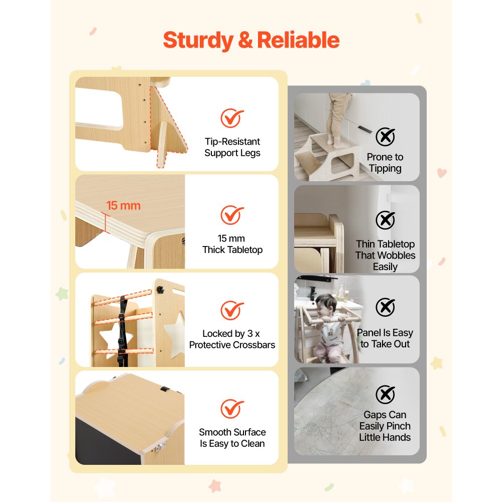 VEVOR Torre de Aprendizaje Montessori para Niños de Madera Convertible, Juego de Mesa y Sillas Infantiles 6 en 1, Taburete de Cocina Infantil, con Correa de Seguridad Pizarra, para Comer Jugar Dibujar