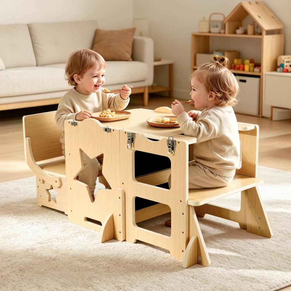 VEVOR Torre de Aprendizaje Montessori para Niños de Madera Convertible, Juego de Mesa y Sillas Infantiles 6 en 1, Taburete de Cocina Infantil, con Correa de Seguridad Pizarra, para Comer Jugar Dibujar