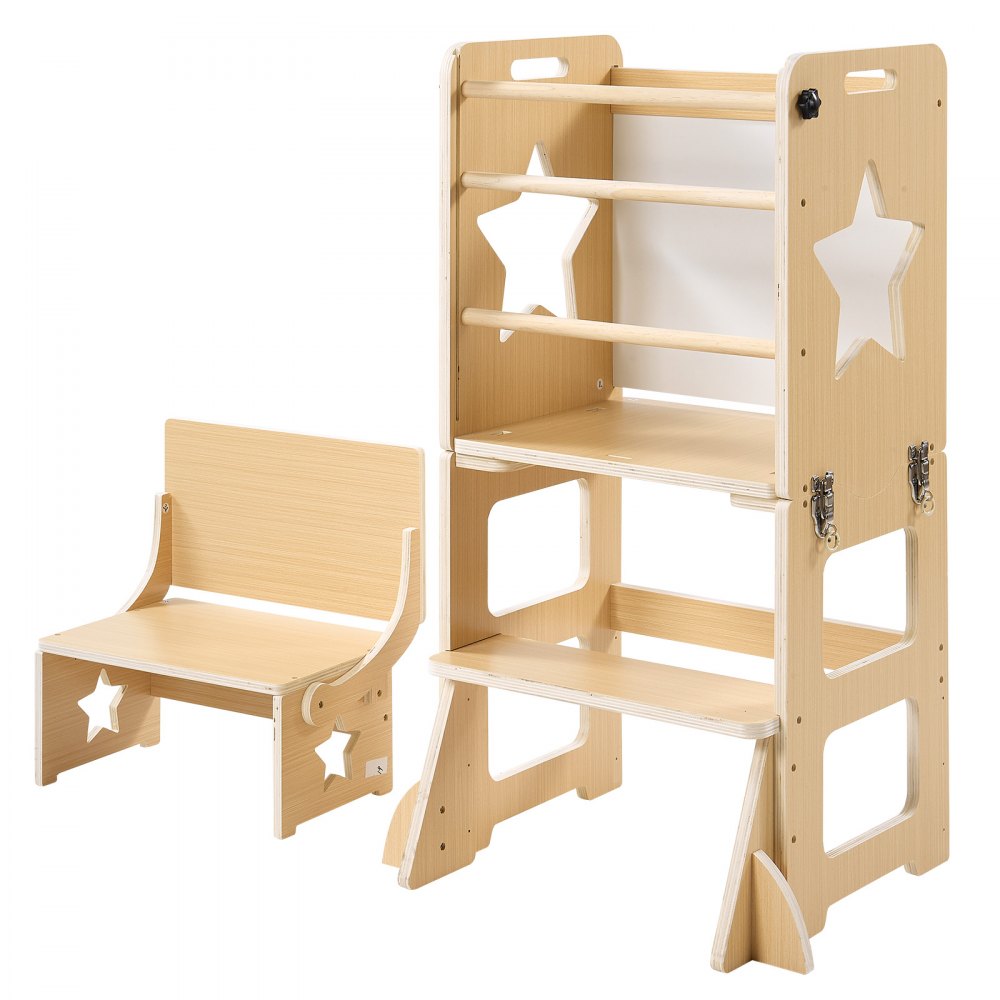 VEVOR Torre de Aprendizaje Montessori para Niños de Madera Convertible, Juego de Mesa y Sillas Infantiles 6 en 1, Taburete de Cocina Infantil, con Correa de Seguridad Pizarra, para Comer Jugar Dibujar