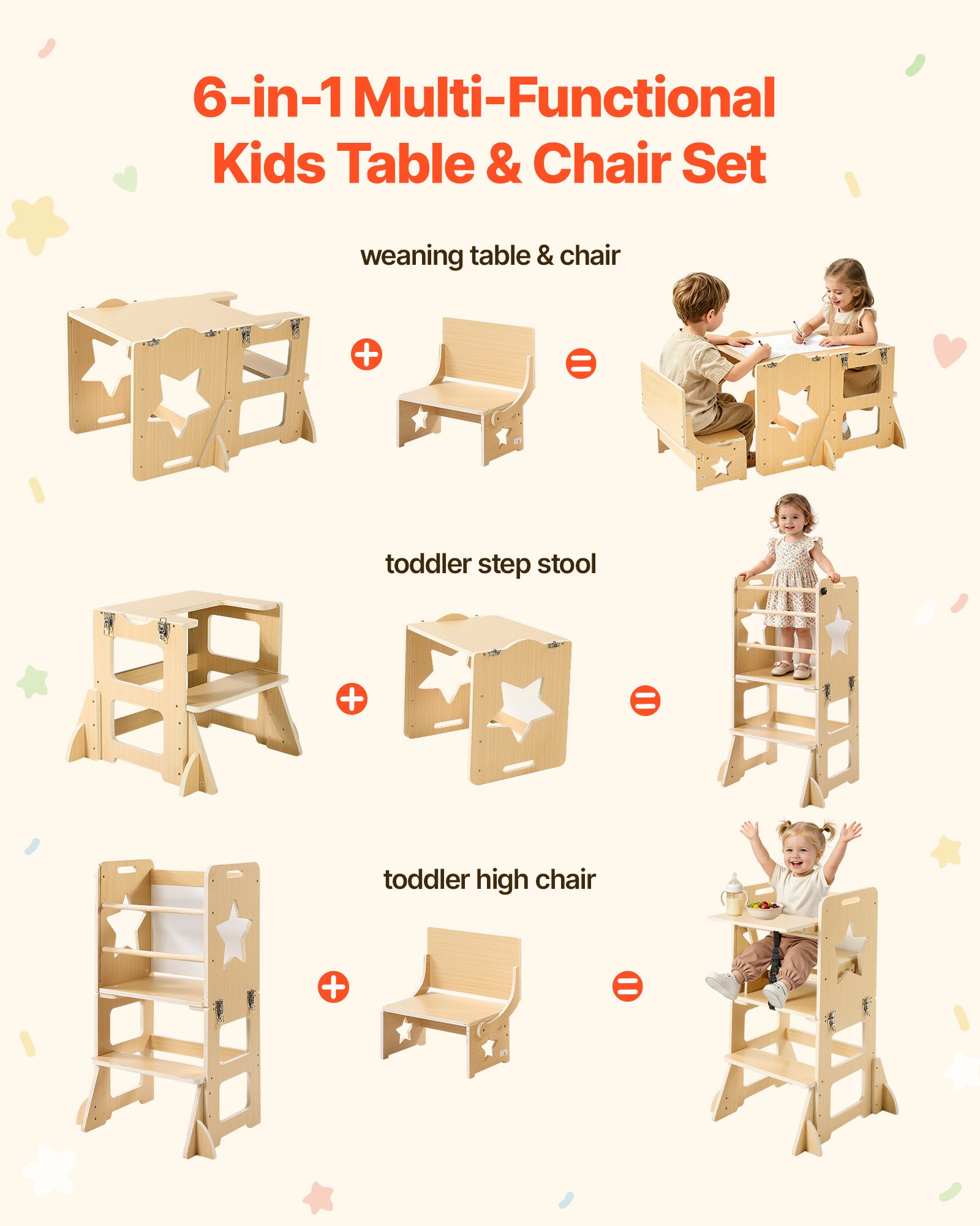 VEVOR Torre de Aprendizaje Montessori para Niños de Madera Convertible, Juego de Mesa y Sillas Infantiles 6 en 1, Taburete de Cocina Infantil, con Correa de Seguridad Pizarra, para Comer Jugar Dibujar