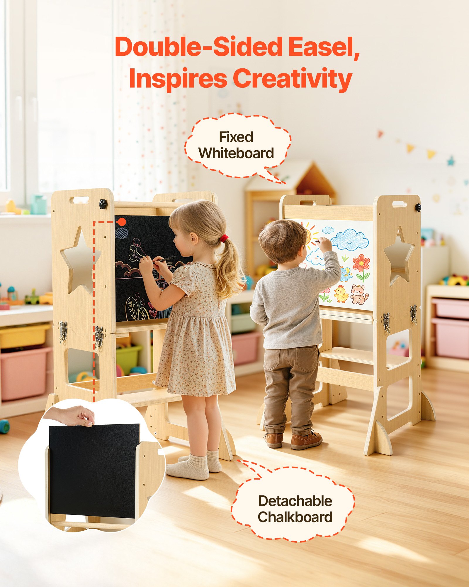 VEVOR Torre de Aprendizaje Montessori para Niños de Madera Convertible, Juego de Mesa y Sillas Infantiles 6 en 1, Taburete de Cocina Infantil, con Correa de Seguridad Pizarra, para Comer Jugar Dibujar