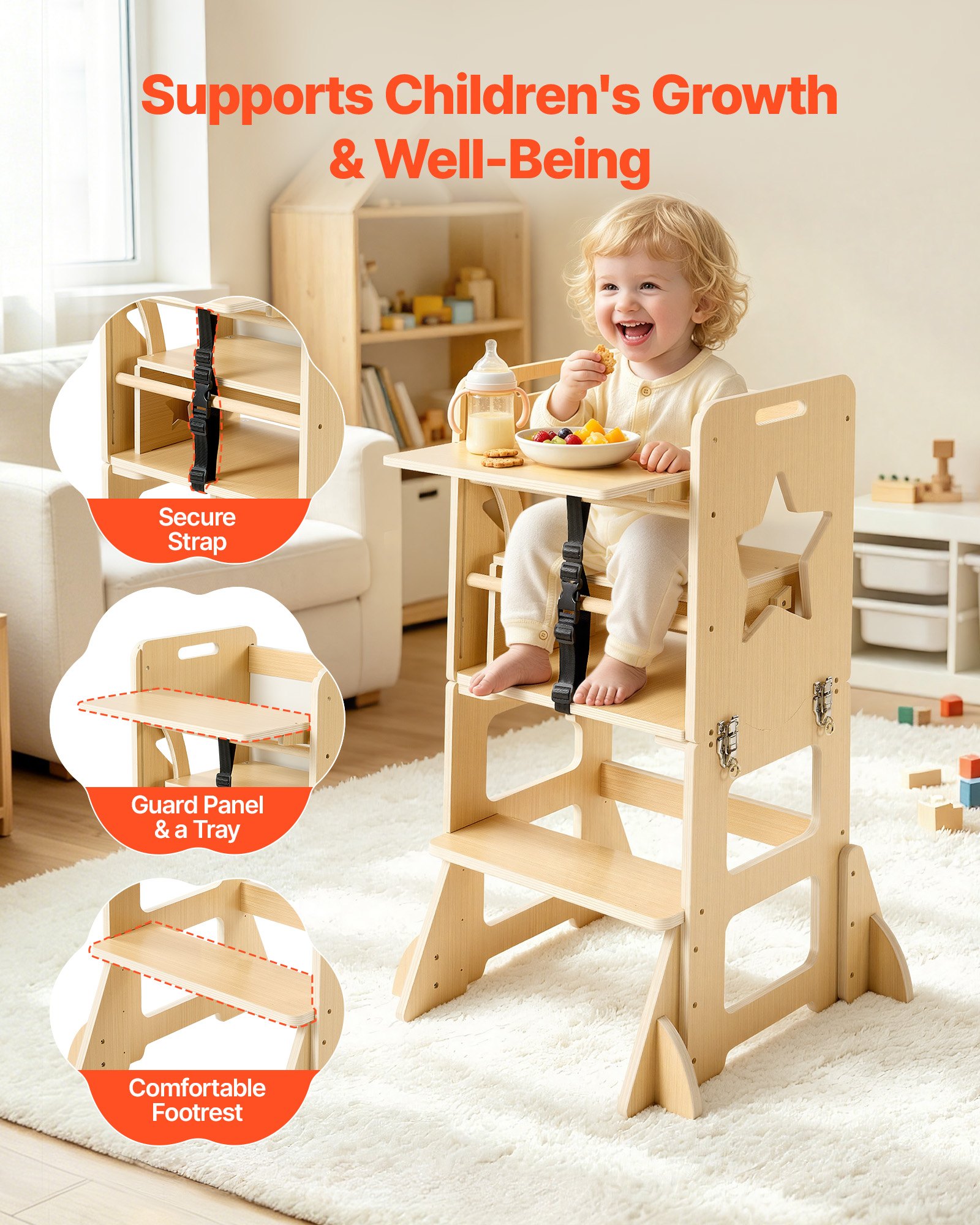 VEVOR Torre de Aprendizaje Montessori para Niños de Madera Convertible, Juego de Mesa y Sillas Infantiles 6 en 1, Taburete de Cocina Infantil, con Correa de Seguridad Pizarra, para Comer Jugar Dibujar