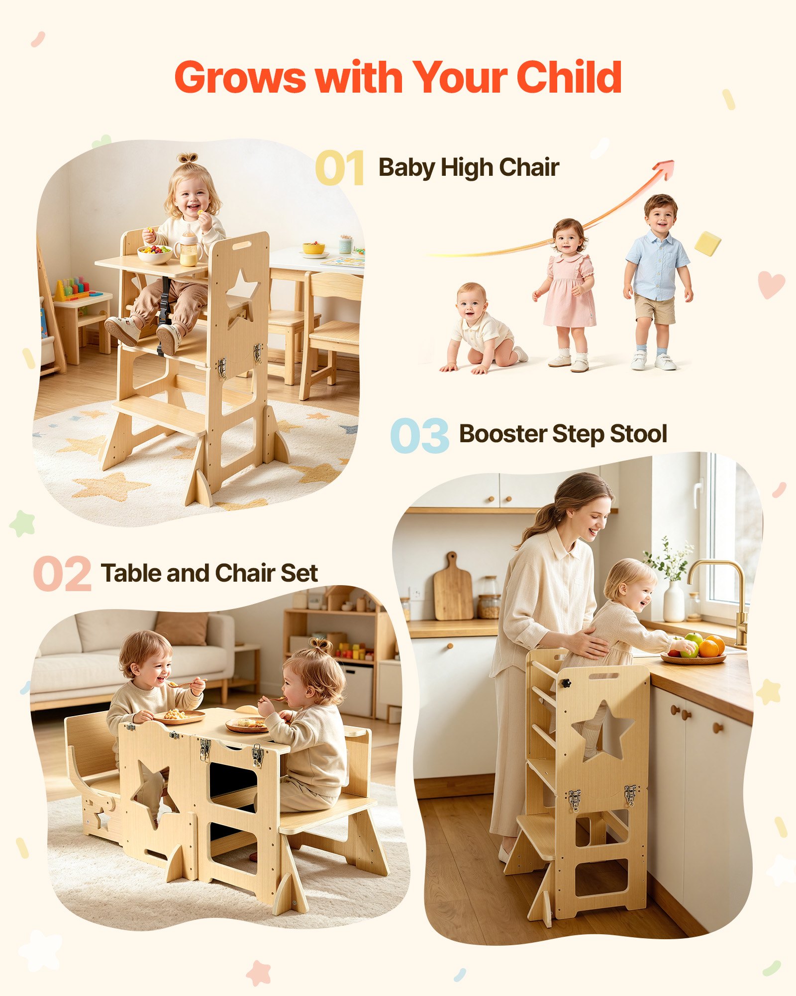 VEVOR Torre de Aprendizaje Montessori para Niños de Madera Convertible, Juego de Mesa y Sillas Infantiles 6 en 1, Taburete de Cocina Infantil, con Correa de Seguridad Pizarra, para Comer Jugar Dibujar