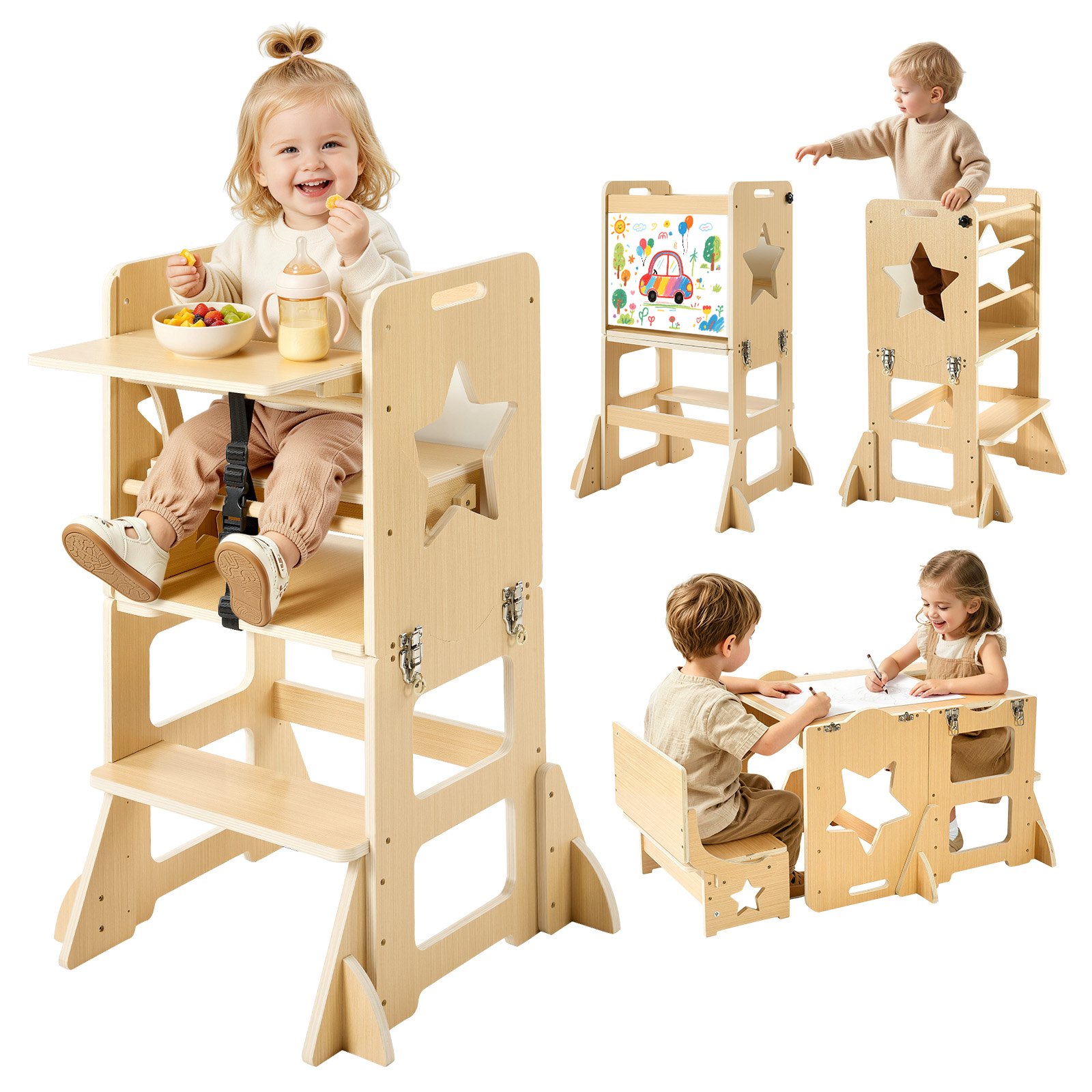 VEVOR Torre de Aprendizaje Montessori para Niños de Madera Convertible, Juego de Mesa y Sillas Infantiles 6 en 1, Taburete de Cocina Infantil, con Correa de Seguridad Pizarra, para Comer Jugar Dibujar