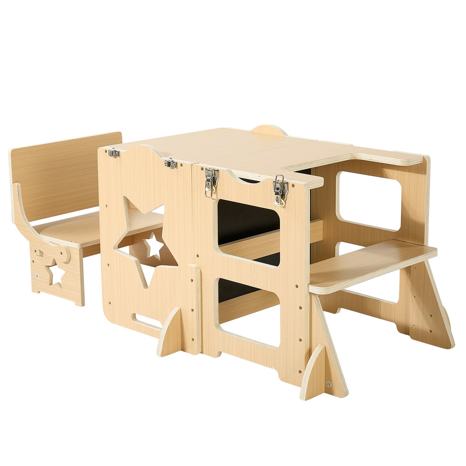 VEVOR Torre de Aprendizaje Montessori para Niños de Madera Convertible, Juego de Mesa y Sillas Infantiles 6 en 1, Taburete de Cocina Infantil, con Correa de Seguridad Pizarra, para Comer Jugar Dibujar