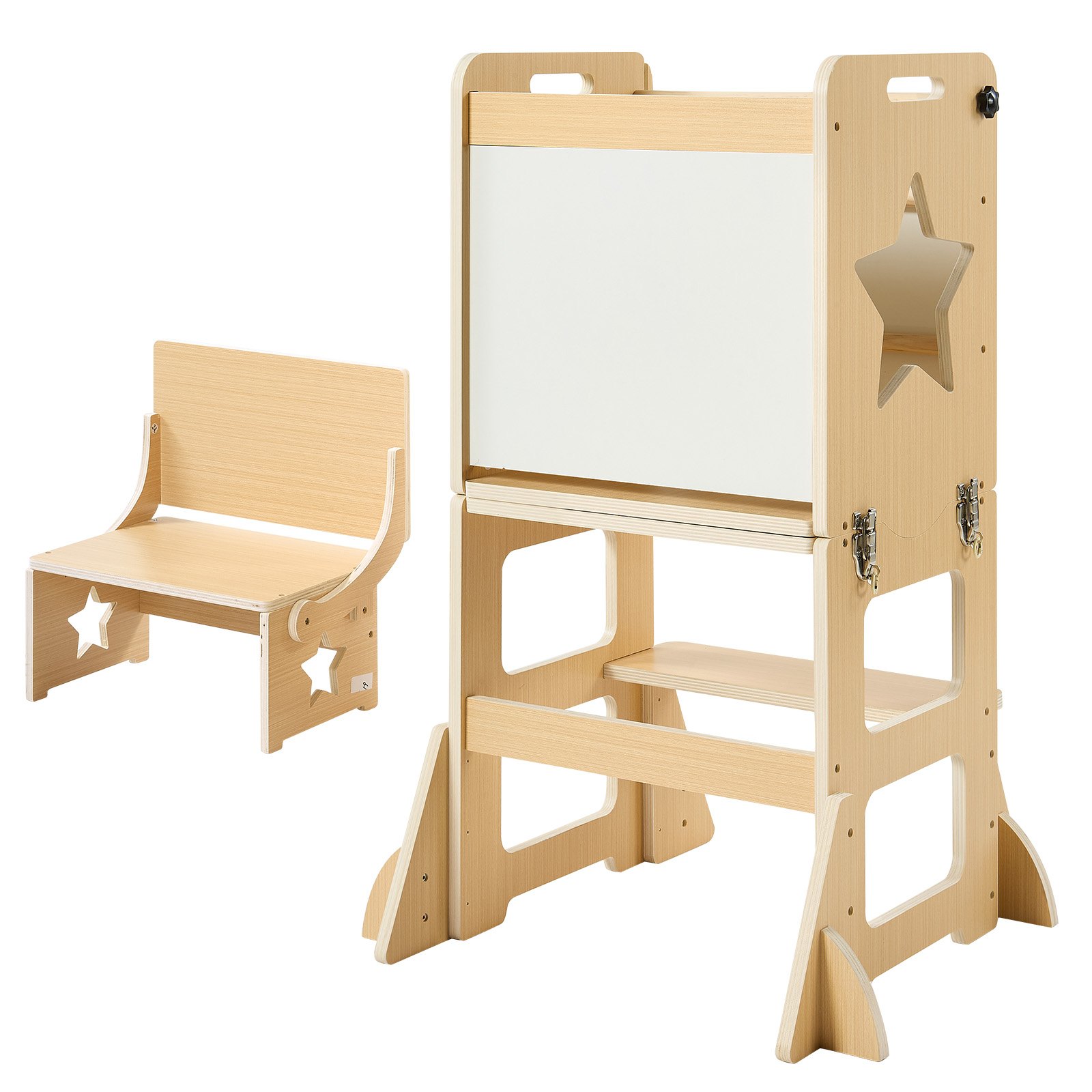 VEVOR Torre de Aprendizaje Montessori para Niños de Madera Convertible, Juego de Mesa y Sillas Infantiles 6 en 1, Taburete de Cocina Infantil, con Correa de Seguridad Pizarra, para Comer Jugar Dibujar