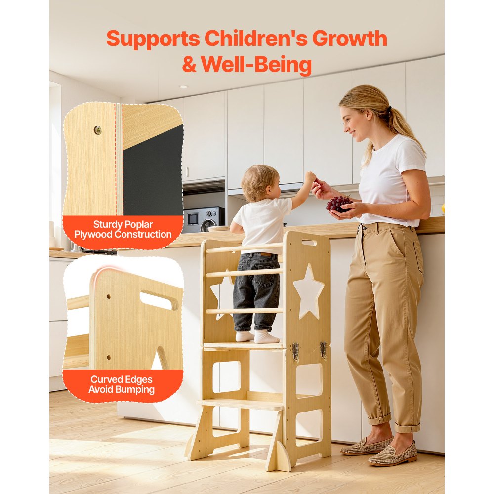 VEVOR Torre de Aprendizaje Montessori Plegable para Niños Multifuncional, Juego de Mesa y Silla Infantil de Madera, Convertible, con Pizarra Desmontable Barras de Seguridad, para Comer Jugar Dibujar