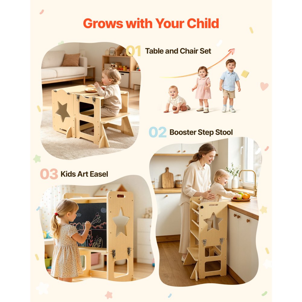 VEVOR Torre de Aprendizaje Montessori Plegable para Niños Multifuncional, Juego de Mesa y Silla Infantil de Madera, Convertible, con Pizarra Desmontable Barras de Seguridad, para Comer Jugar Dibujar