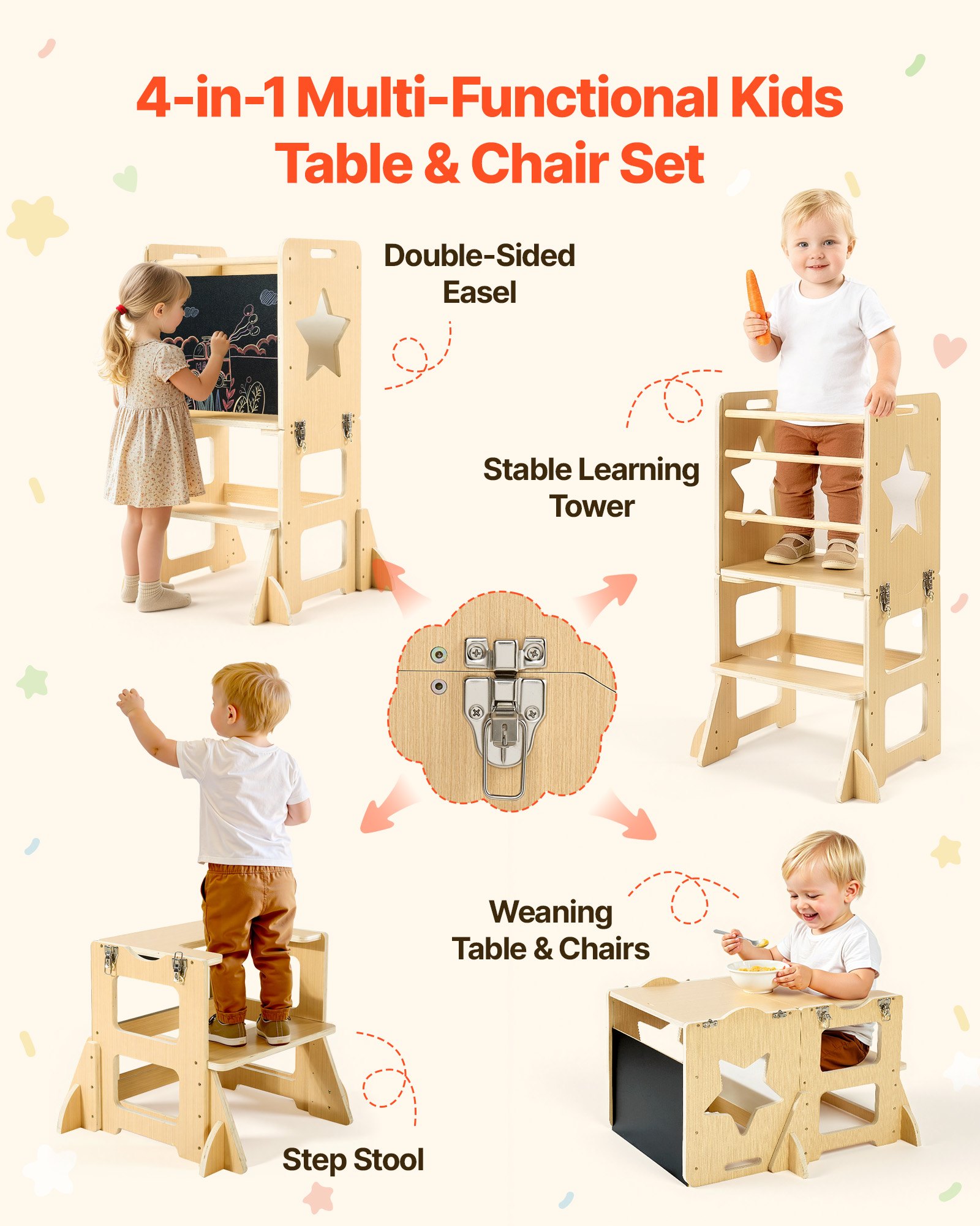 VEVOR Torre de Aprendizaje Montessori Plegable para Niños Multifuncional, Juego de Mesa y Silla Infantil de Madera, Convertible, con Pizarra Desmontable Barras de Seguridad, para Comer Jugar Dibujar