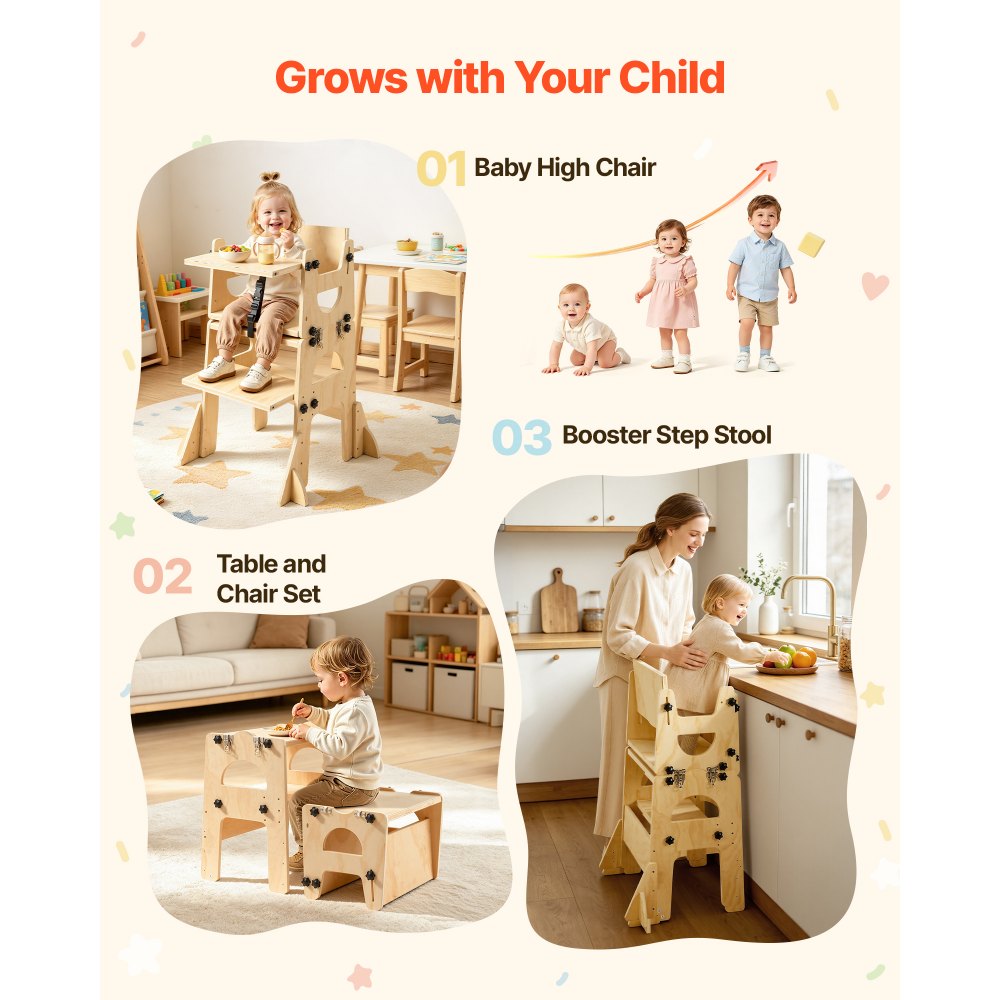 VEVOR Torre de Aprendizaje Montessori Plegable para Niños Multifuncional, Torre Ayudante de Cocina Infantil, Juego de Mesa y Silla Convertible para Bebés de Madera, para Destete Comer Jugar Dibujar