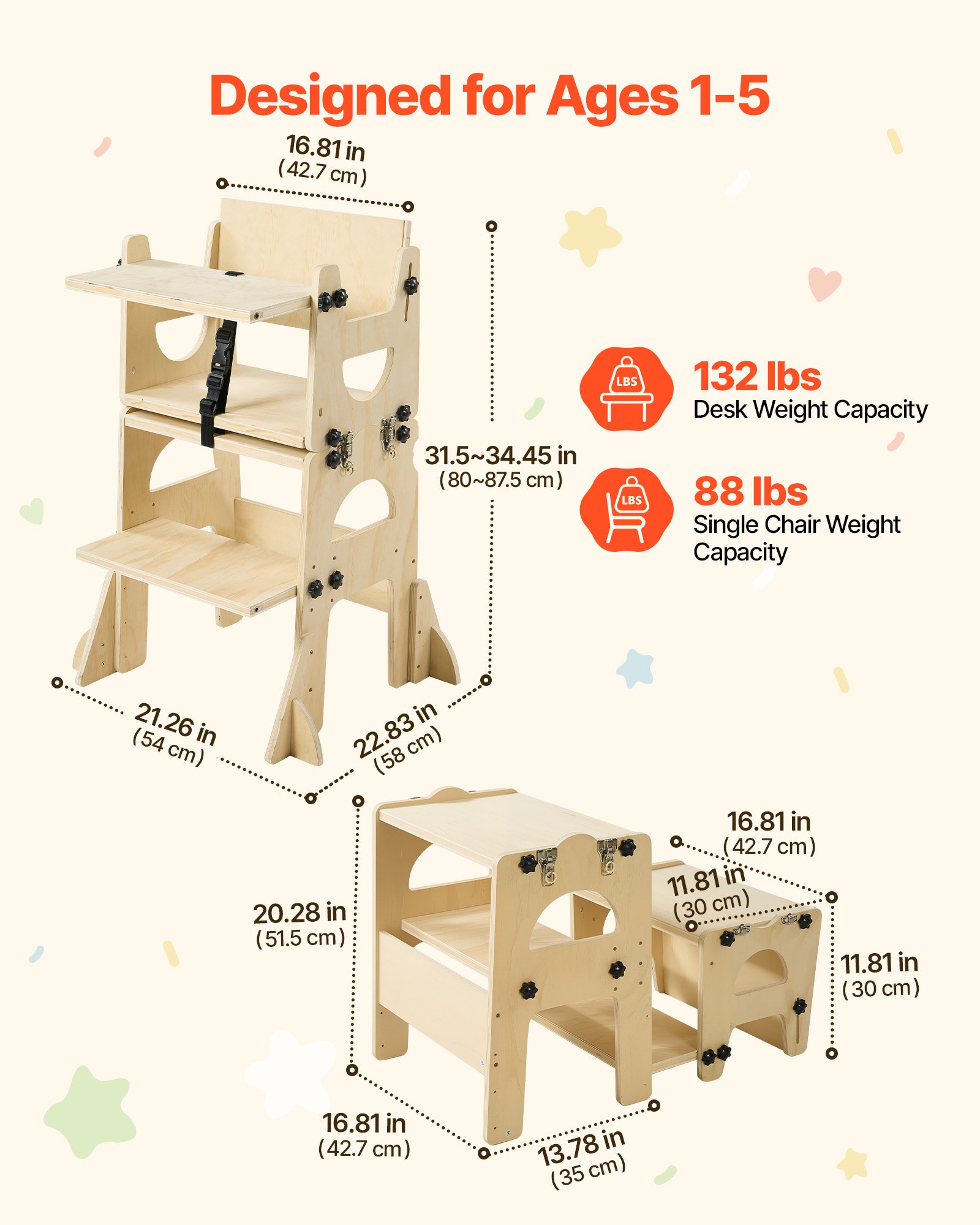VEVOR Torre de Aprendizaje Montessori Plegable para Niños Multifuncional, Torre Ayudante de Cocina Infantil, Juego de Mesa y Silla Convertible para Bebés de Madera, para Destete Comer Jugar Dibujar