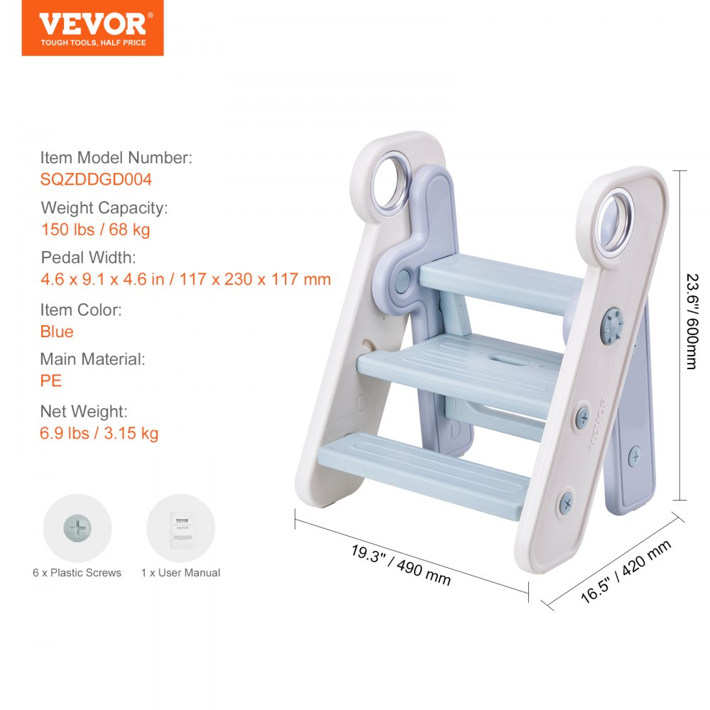 VEVOR Taburete con Escalón para Niños Plegable Ajustable de 3 a 2 Escalones Azul