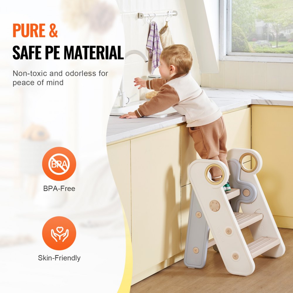 VEVOR Taburete con escalón para niños Taburete con escalón para niños pequeños Plegable Ajustable de 3 a 2 escalones Gris