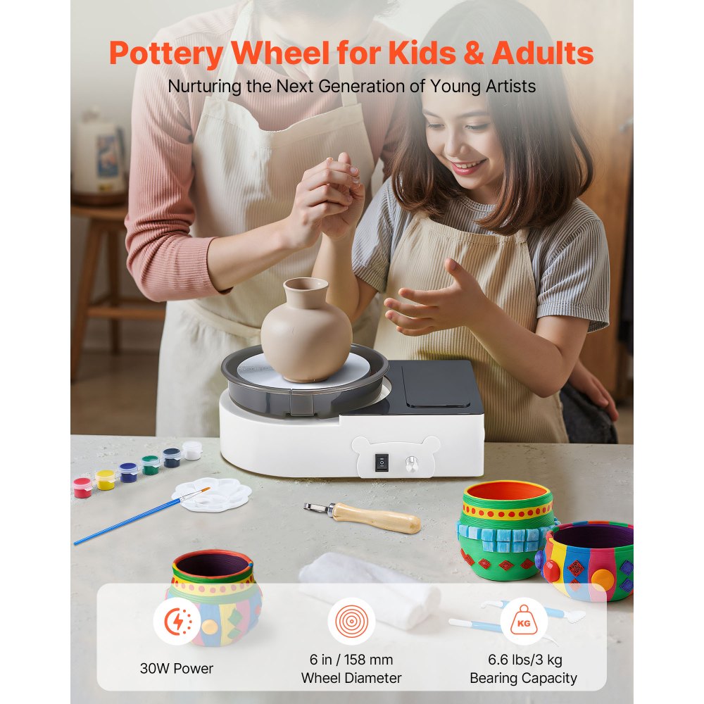 VEVOR Mini Pottery Wheel, 158 mm Turntable, Forward and Reverse Rotation, Adjustable Speed, Electric Clay Wheel for Kids and Adults, with Clay Shaping Tools, for Home DIY, Pottery Classes, White