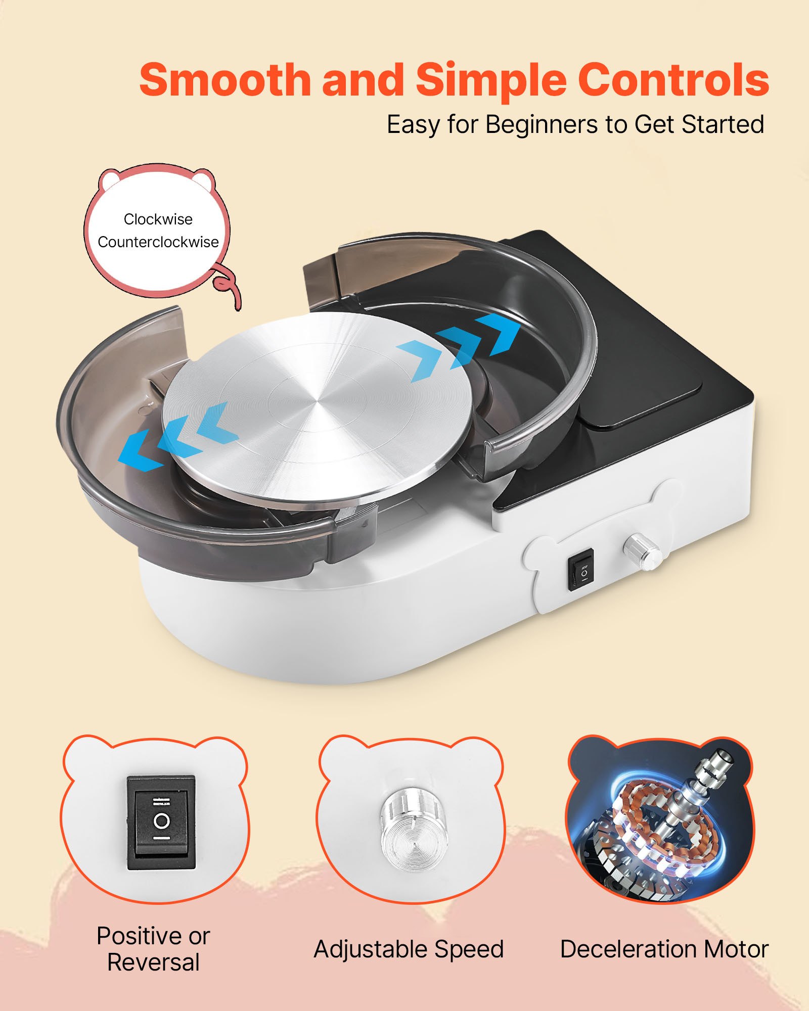 VEVOR Mini Torno de Cerámica, Plato Giratorio de 158 mm Rotación Hacia Adelante/Atrás Velocidad Ajustable, Torno de Arcilla Eléctrico con Herramientas para Moldear Arcilla para Niños Adultos, Blanco