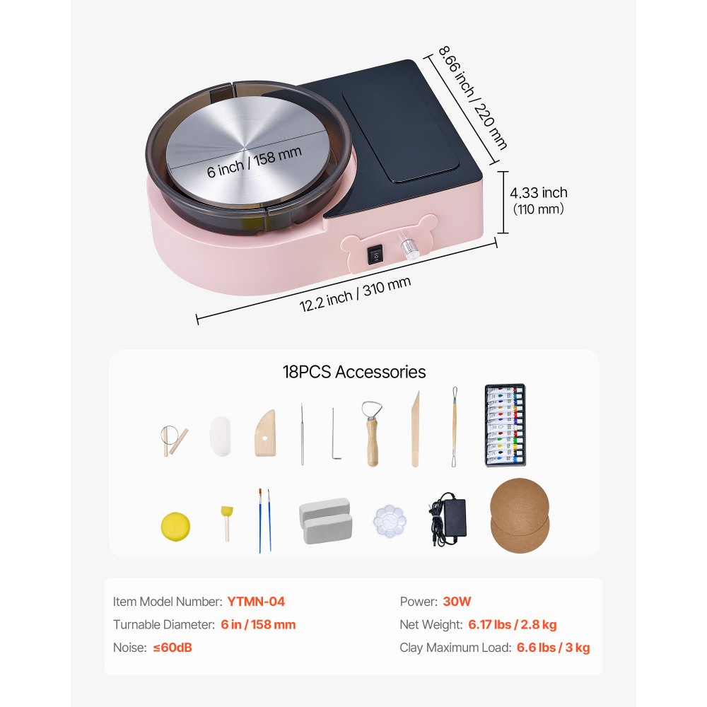 VEVOR Mini Torno de Cerámica, Plato Giratorio de 158 mm Rotación Hacia Adelante/Atrás Velocidad Ajustable, Torno de Arcilla Eléctrico con Herramientas para Moldear Arcilla para Niños Adultos, Rosa