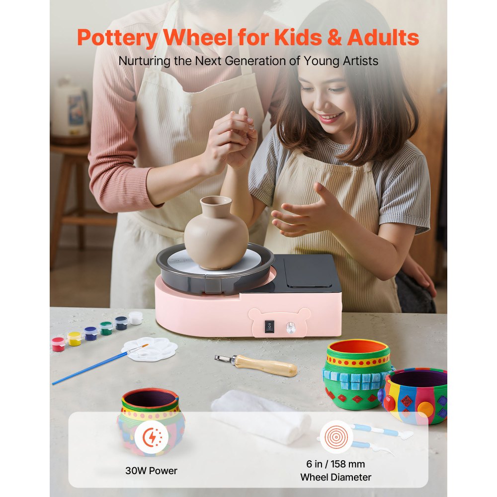 VEVOR Mini Torno de Cerámica, Plato Giratorio de 158 mm Rotación Hacia Adelante/Atrás Velocidad Ajustable, Torno de Arcilla Eléctrico con Herramientas para Moldear Arcilla para Niños Adultos, Rosa