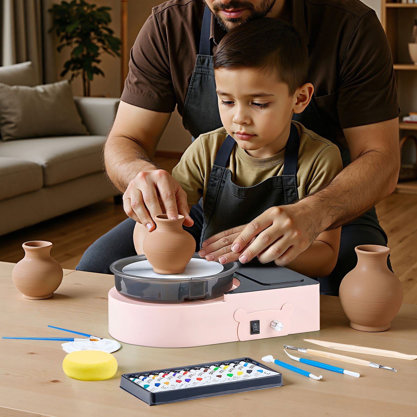 VEVOR Mini Torno de Cerámica, Plato Giratorio de 158 mm Rotación Hacia Adelante/Atrás Velocidad Ajustable, Torno de Arcilla Eléctrico con Herramientas para Moldear Arcilla para Niños Adultos, Rosa