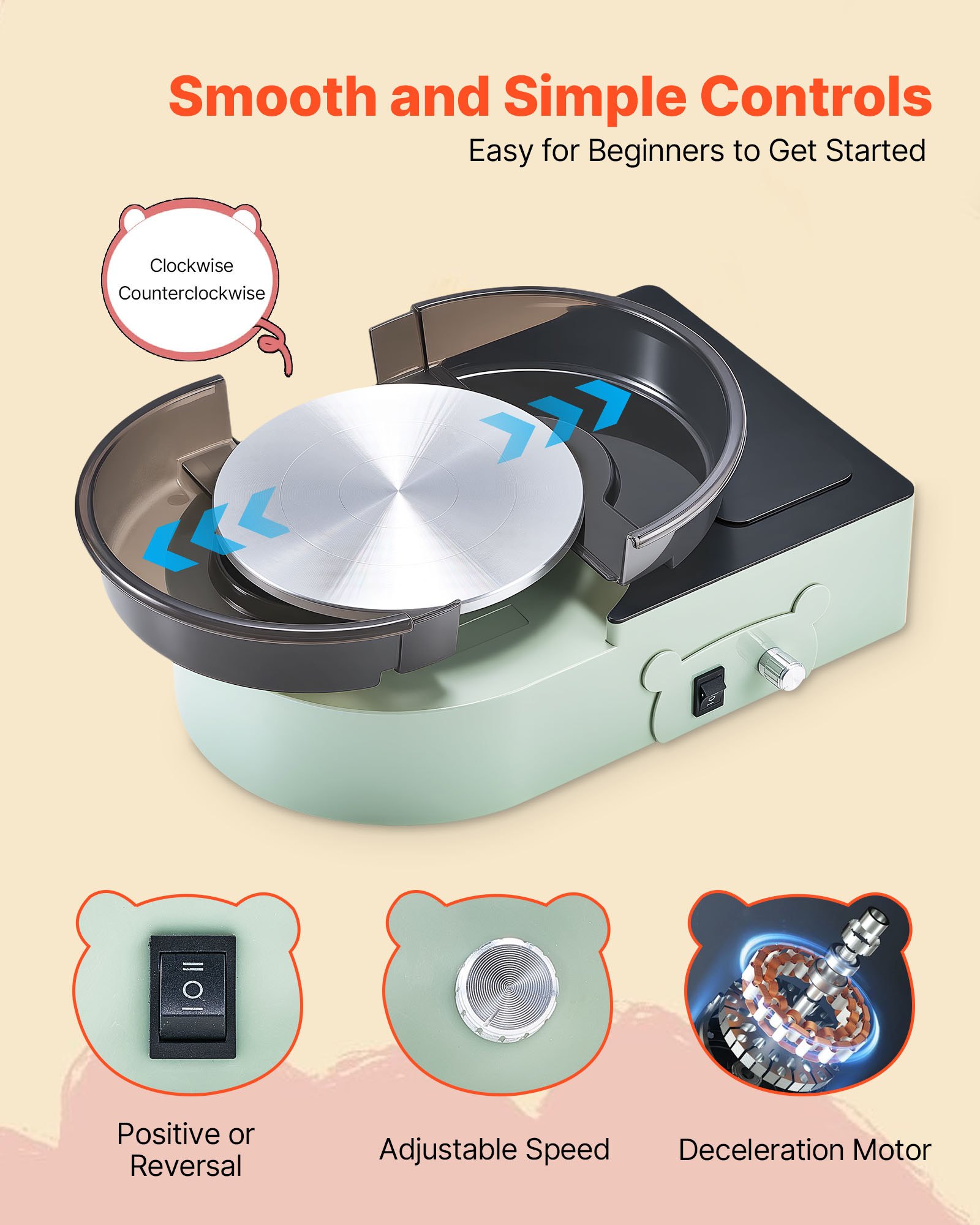 VEVOR Mini Torno de Cerámica, Plato Giratorio de 158 mm Rotación Hacia Adelante/Atrás Velocidad Ajustable, Torno de Arcilla Eléctrico con Herramientas para Moldear Arcilla para Niños Adultos, Verde