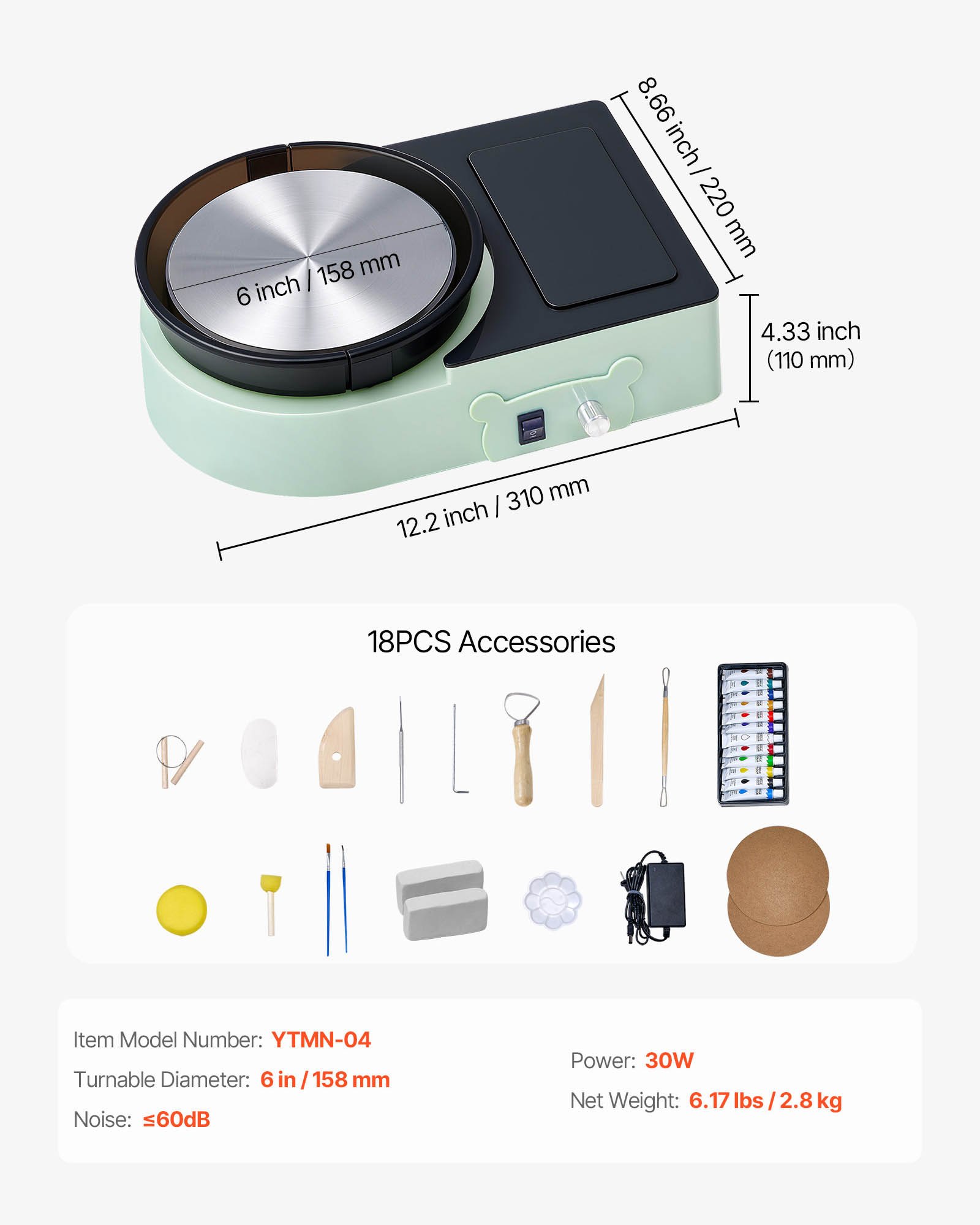 VEVOR Mini Torno de Cerámica, Plato Giratorio de 158 mm Rotación Hacia Adelante/Atrás Velocidad Ajustable, Torno de Arcilla Eléctrico con Herramientas para Moldear Arcilla para Niños Adultos, Verde