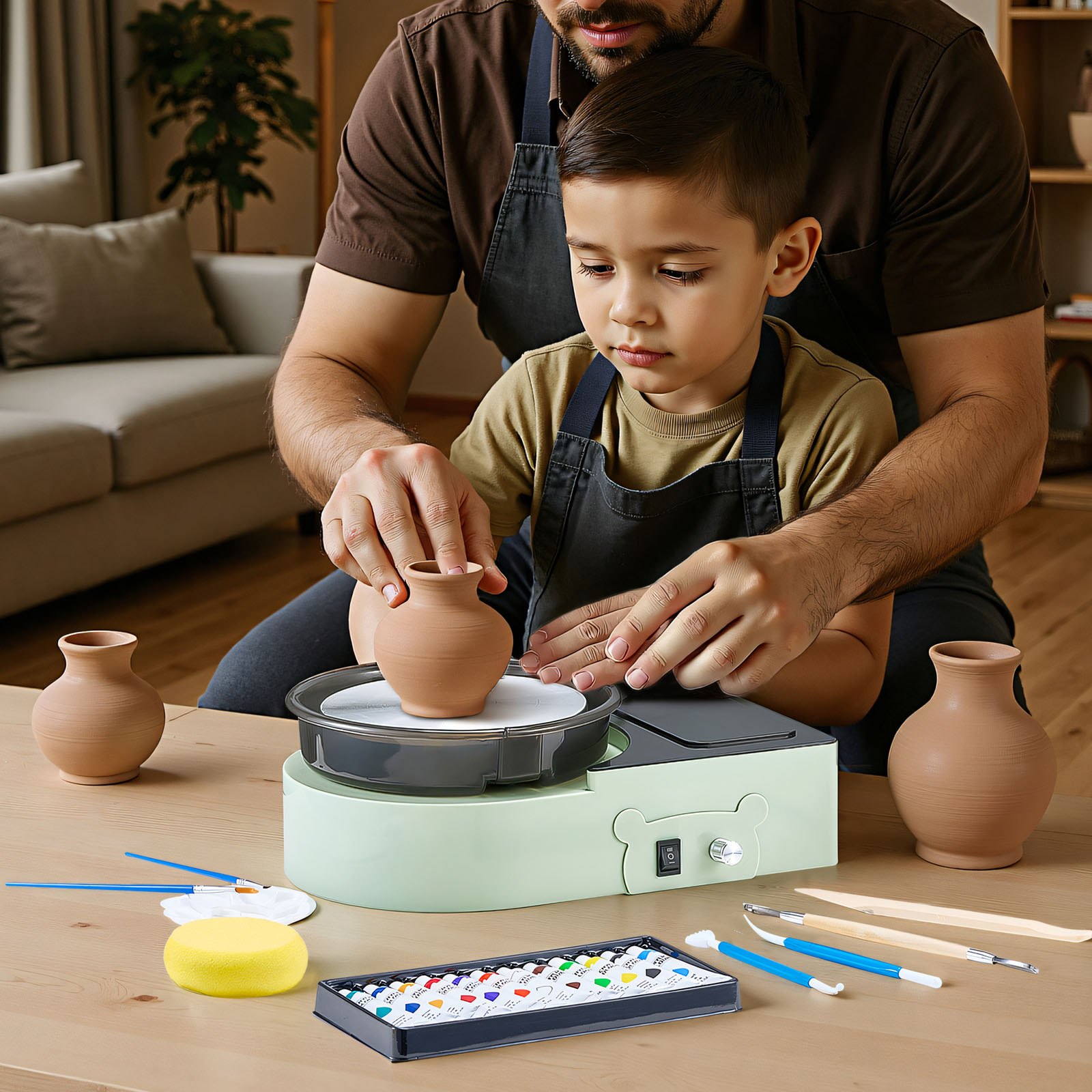 VEVOR Mini Torno de Cerámica, Plato Giratorio de 158 mm Rotación Hacia Adelante/Atrás Velocidad Ajustable, Torno de Arcilla Eléctrico con Herramientas para Moldear Arcilla para Niños Adultos, Verde