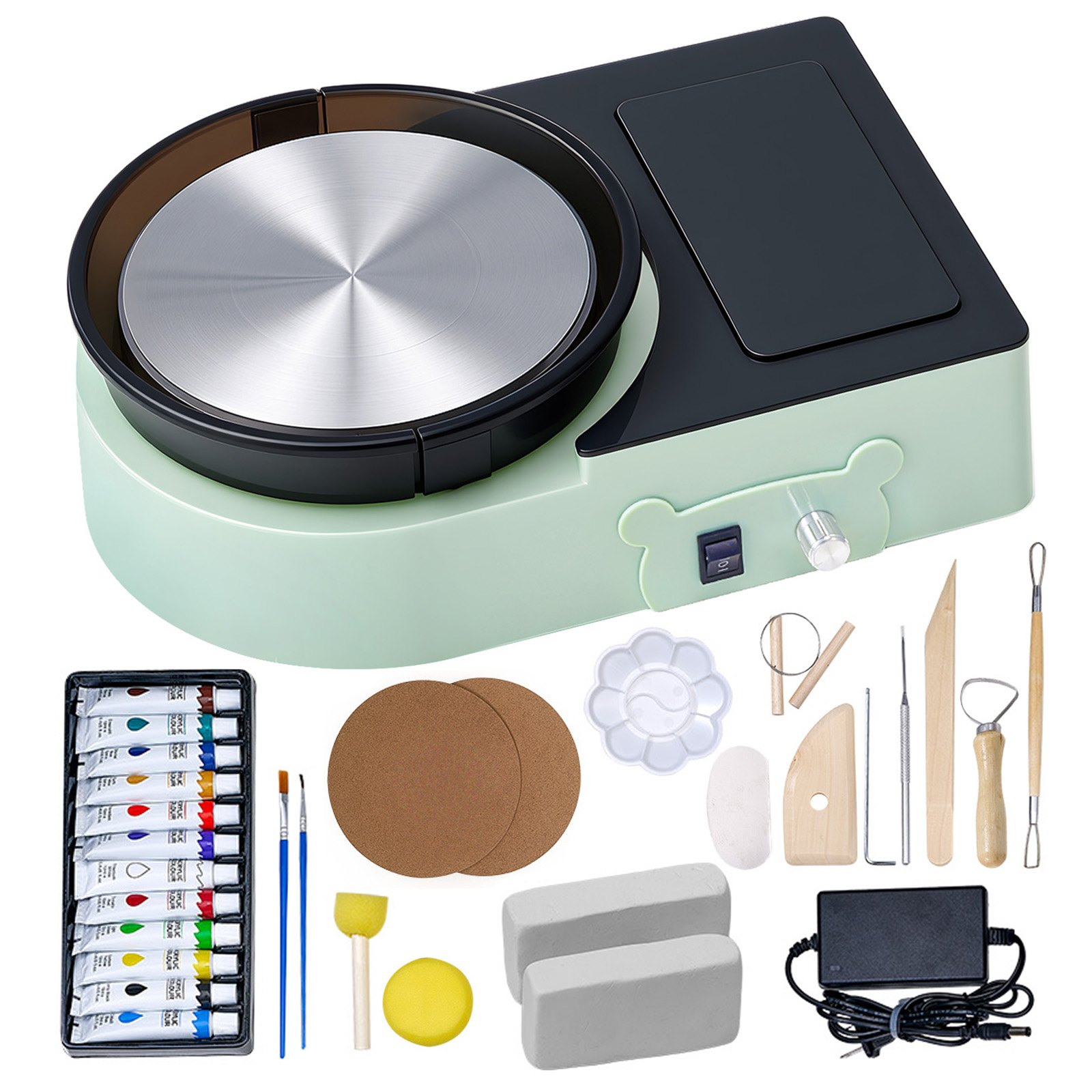 VEVOR Mini Torno de Cerámica, Plato Giratorio de 158 mm Rotación Hacia Adelante/Atrás Velocidad Ajustable, Torno de Arcilla Eléctrico con Herramientas para Moldear Arcilla para Niños Adultos, Verde