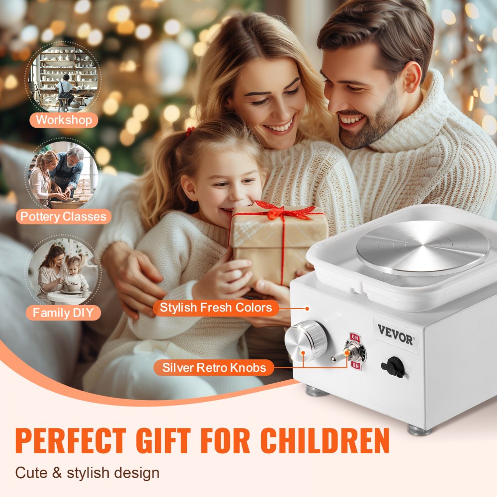 VEVOR Mini Torno de Alfarero Velocidad Regulable 0-320 RPM Torno de Alfarero con Lavabo Extraíble 2 Platos Giratorios de 6,5 cm y 10 cm 18 Accesorios para Manualidades Bricolaje en Hogar, Blanco